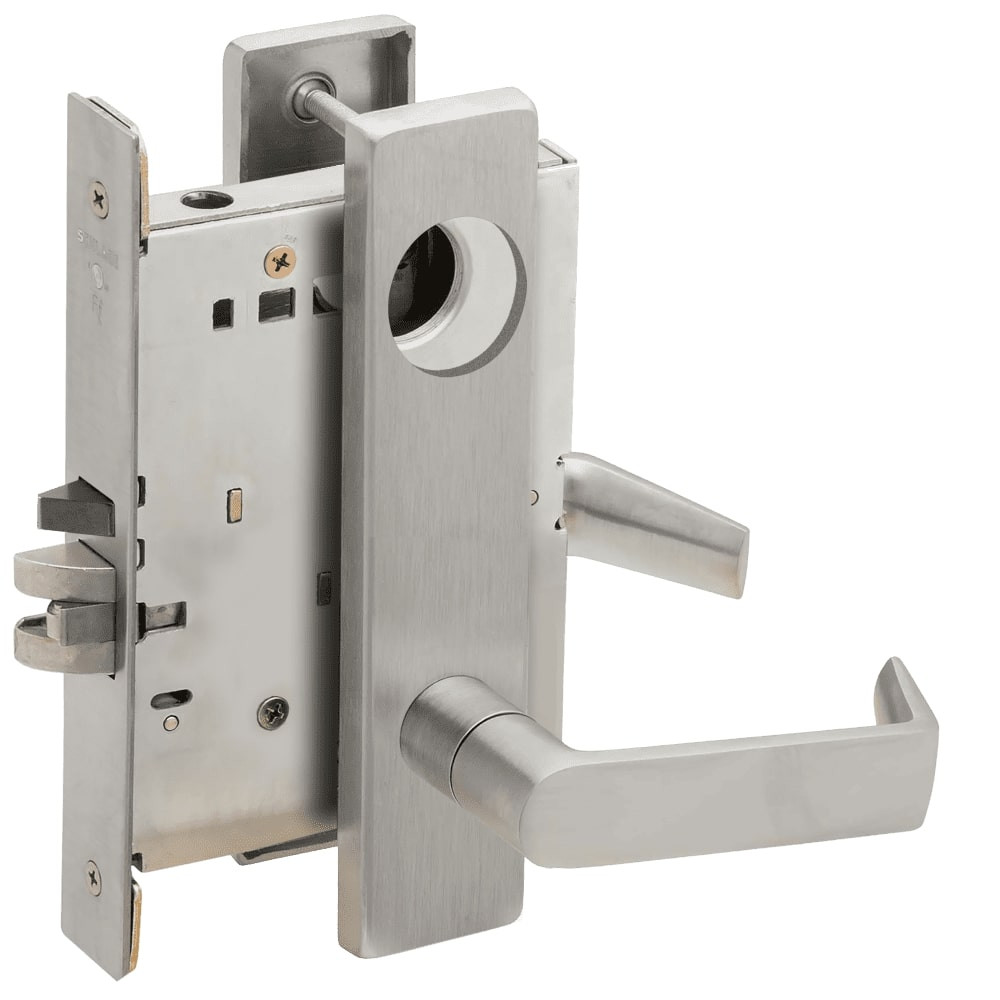 L9070L-06L-630-LX Schlage L Series Less Cylinder Classroom Commercial - Latchbolt Monitor Mortise Lock with 06 Cast Lever Design in Satin Stainless Steel