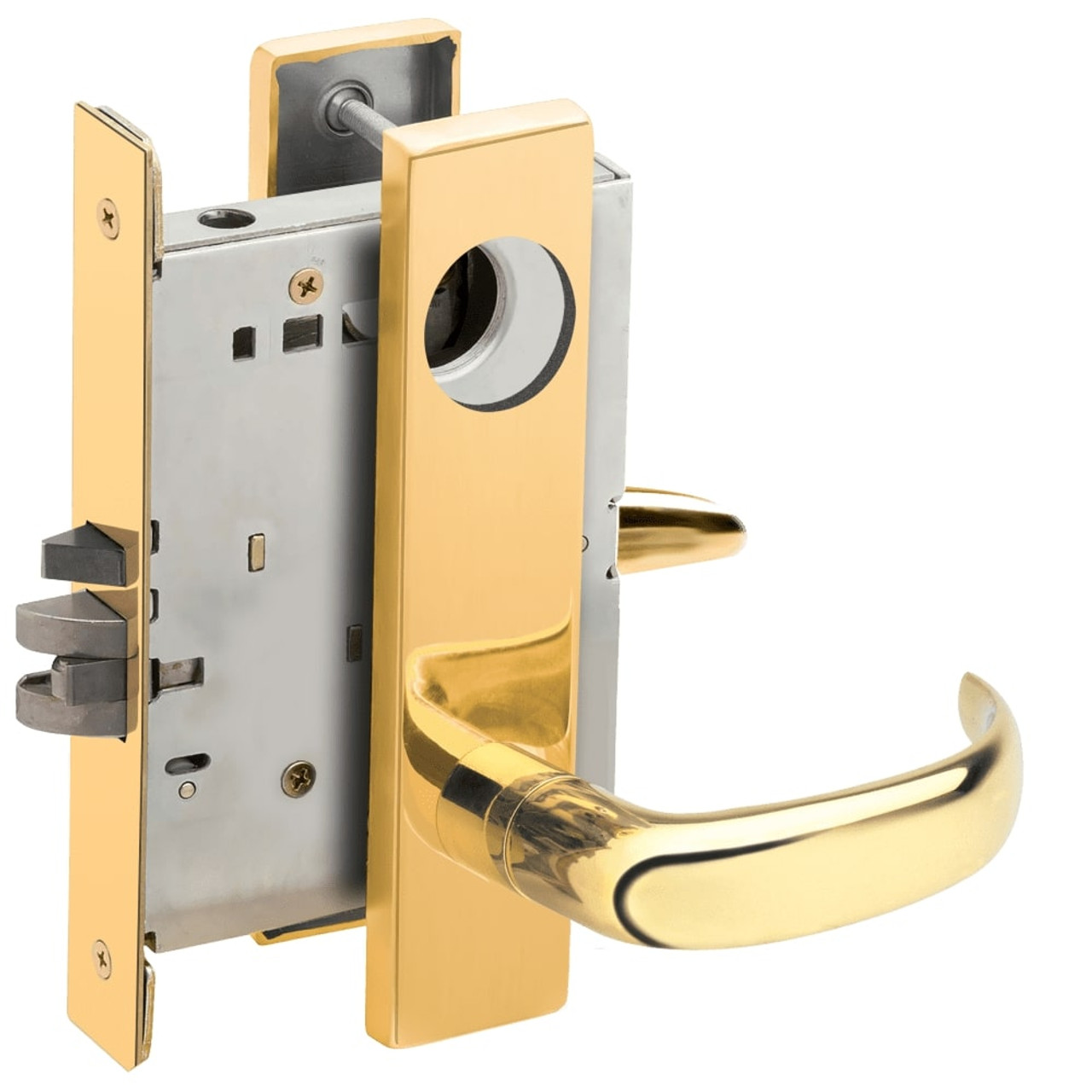 L9070L-17L-605-LX Schlage L Series Less Cylinder Classroom Commercial - Latchbolt Monitor Mortise Lock with 17 Cast Lever Design in Bright Brass