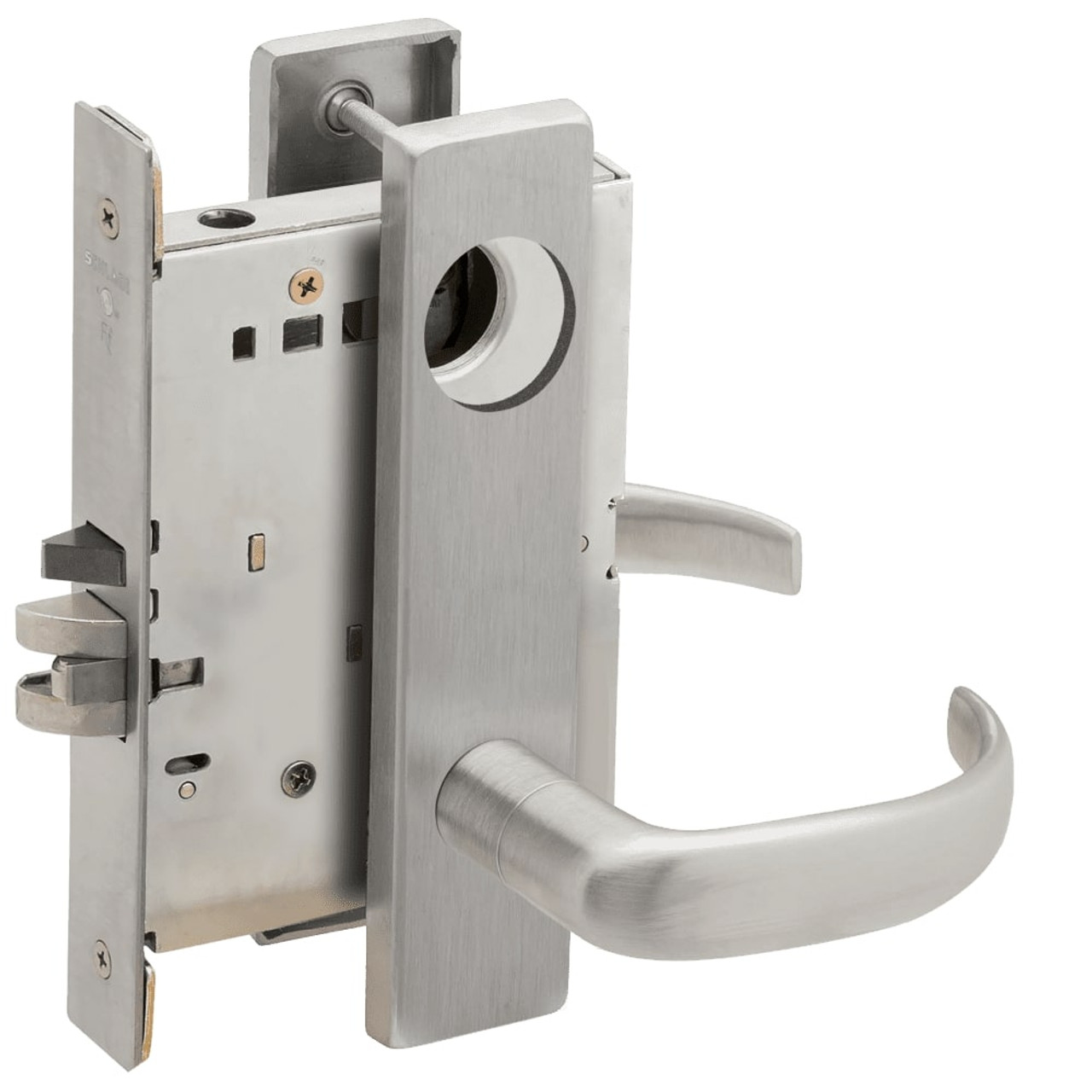 L9070L-17L-630-LX Schlage L Series Less Cylinder Classroom Commercial - Latchbolt Monitor Mortise Lock with 17 Cast Lever Design in Satin Stainless Steel