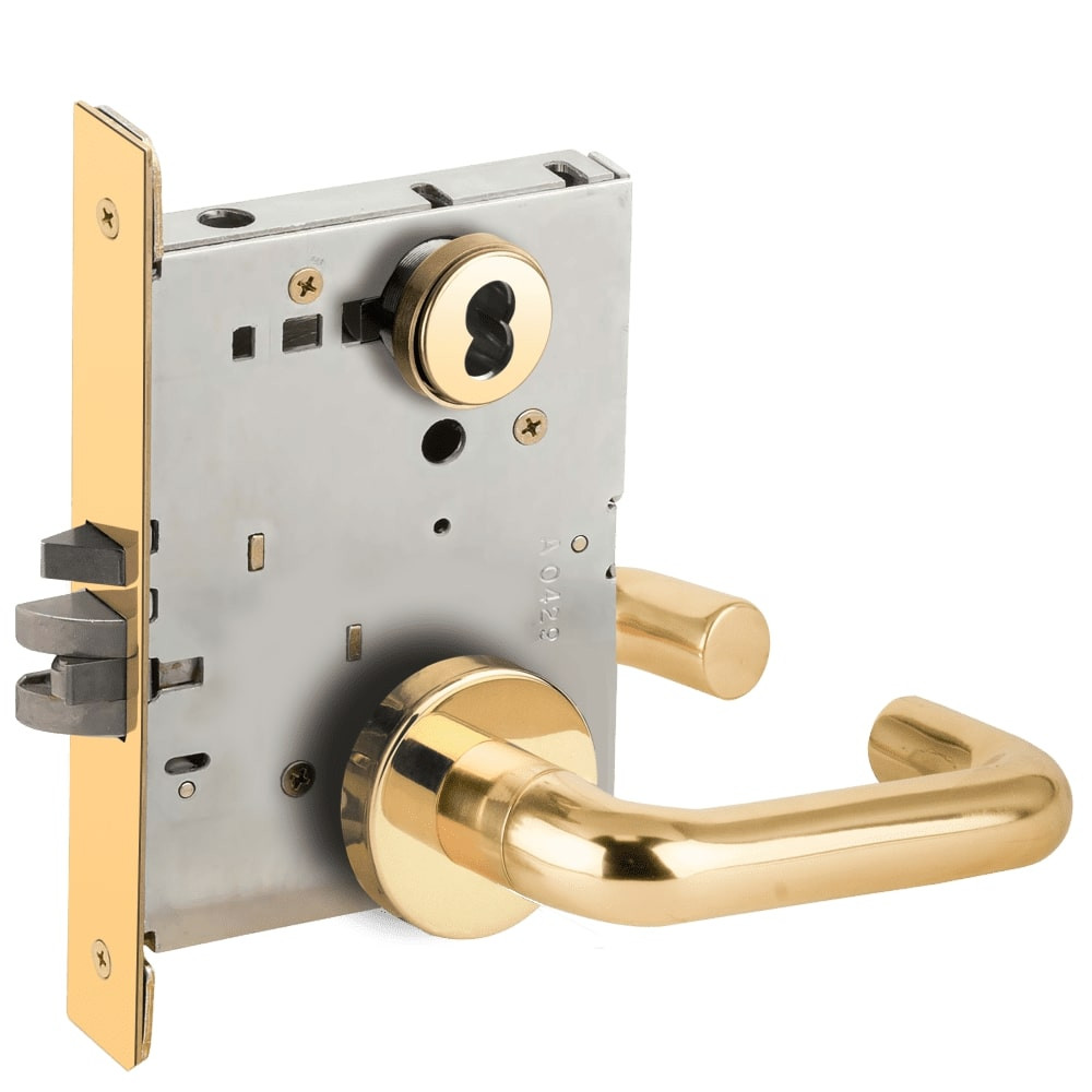 L9070J-03A-605-LX Schlage L Series Classroom Commercial - Latchbolt Monitor Mortise Lock with 03 Cast Lever Design Prepped for FSIC in Bright Brass