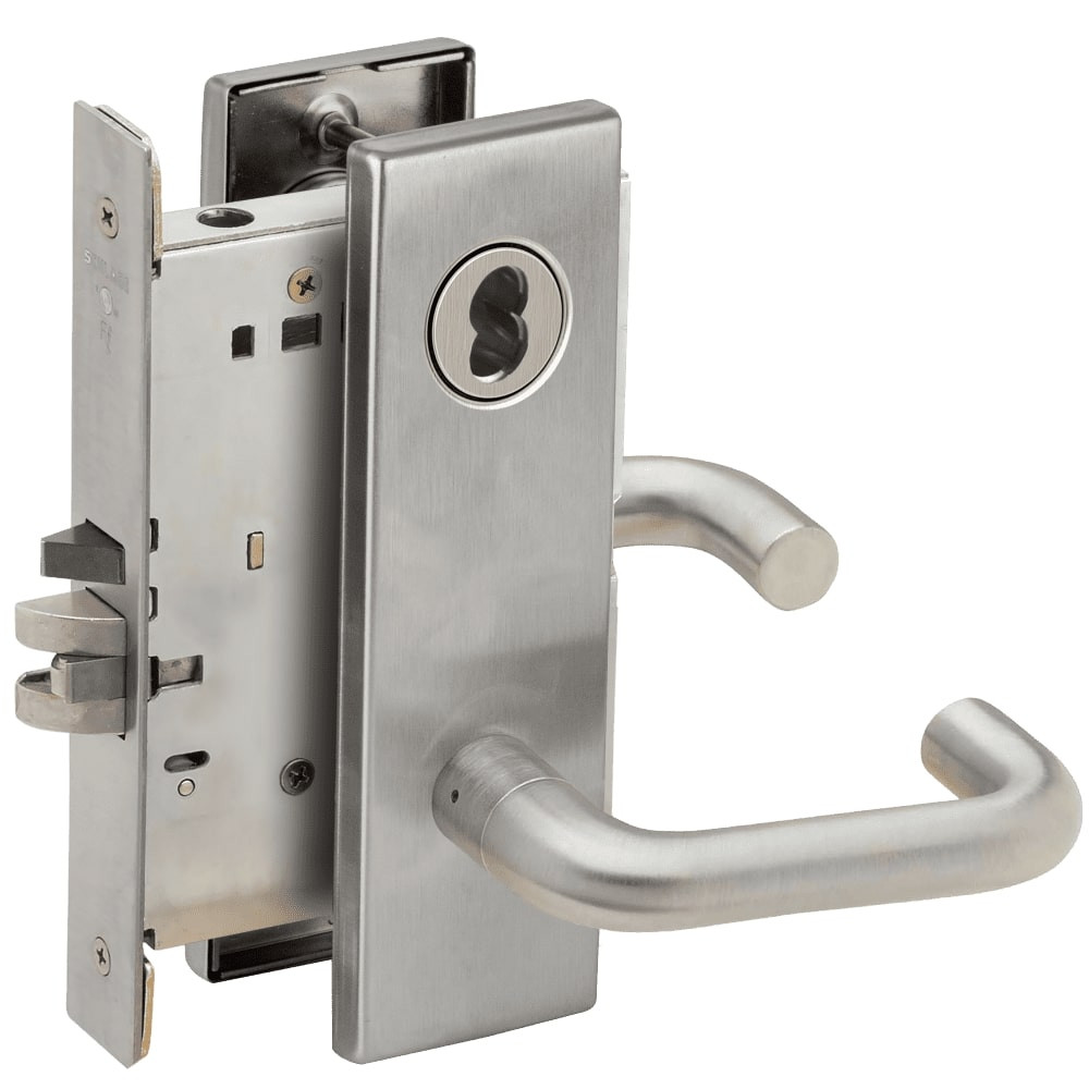 L9070J-03N-630-LX Schlage L Series Classroom Commercial - Latchbolt Monitor Mortise Lock with 03 Cast Lever Design Prepped for FSIC in Satin Stainless Steel