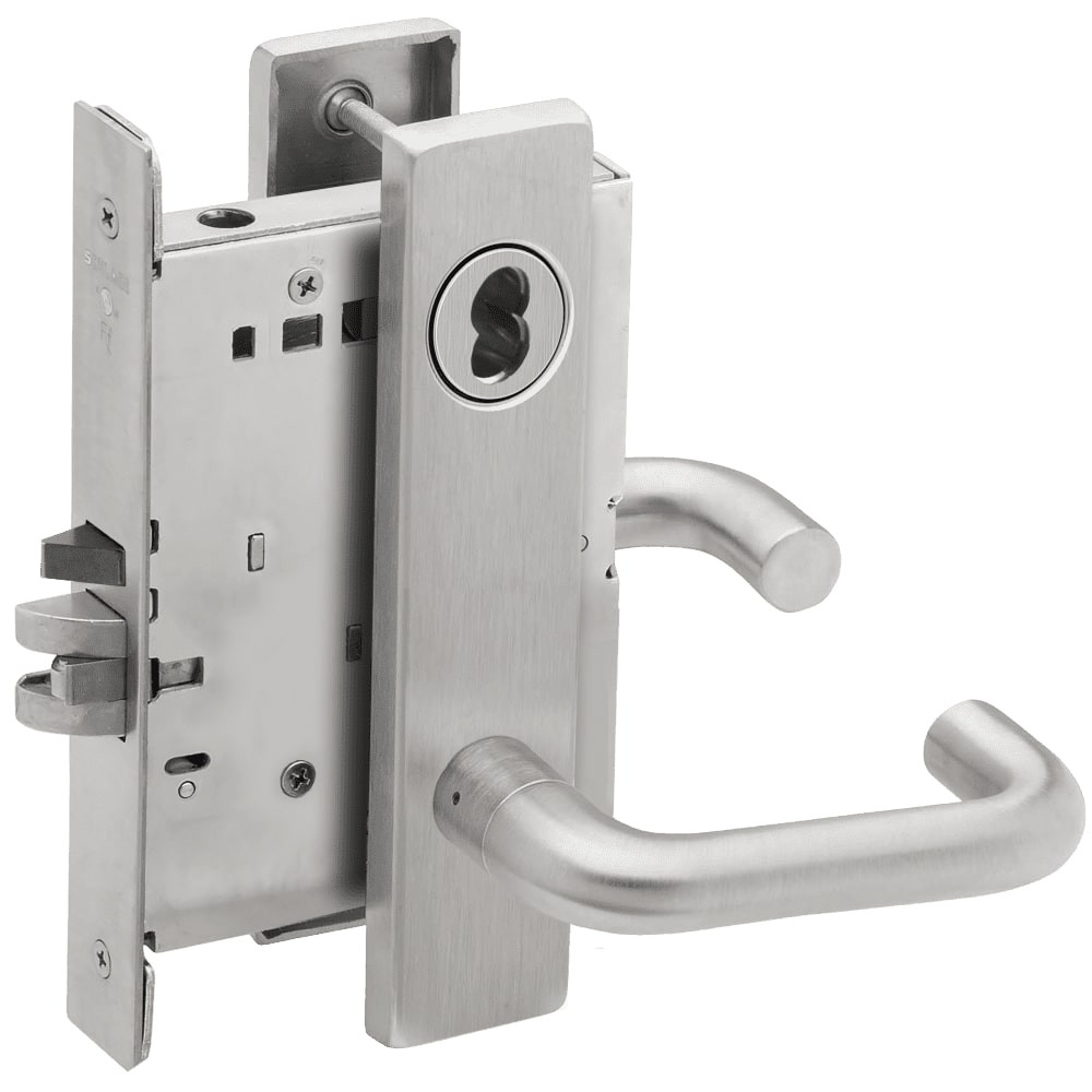 L9070J-03L-630-LX Schlage L Series Classroom Commercial - Latchbolt Monitor Mortise Lock with 03 Cast Lever Design Prepped for FSIC in Satin Stainless Steel