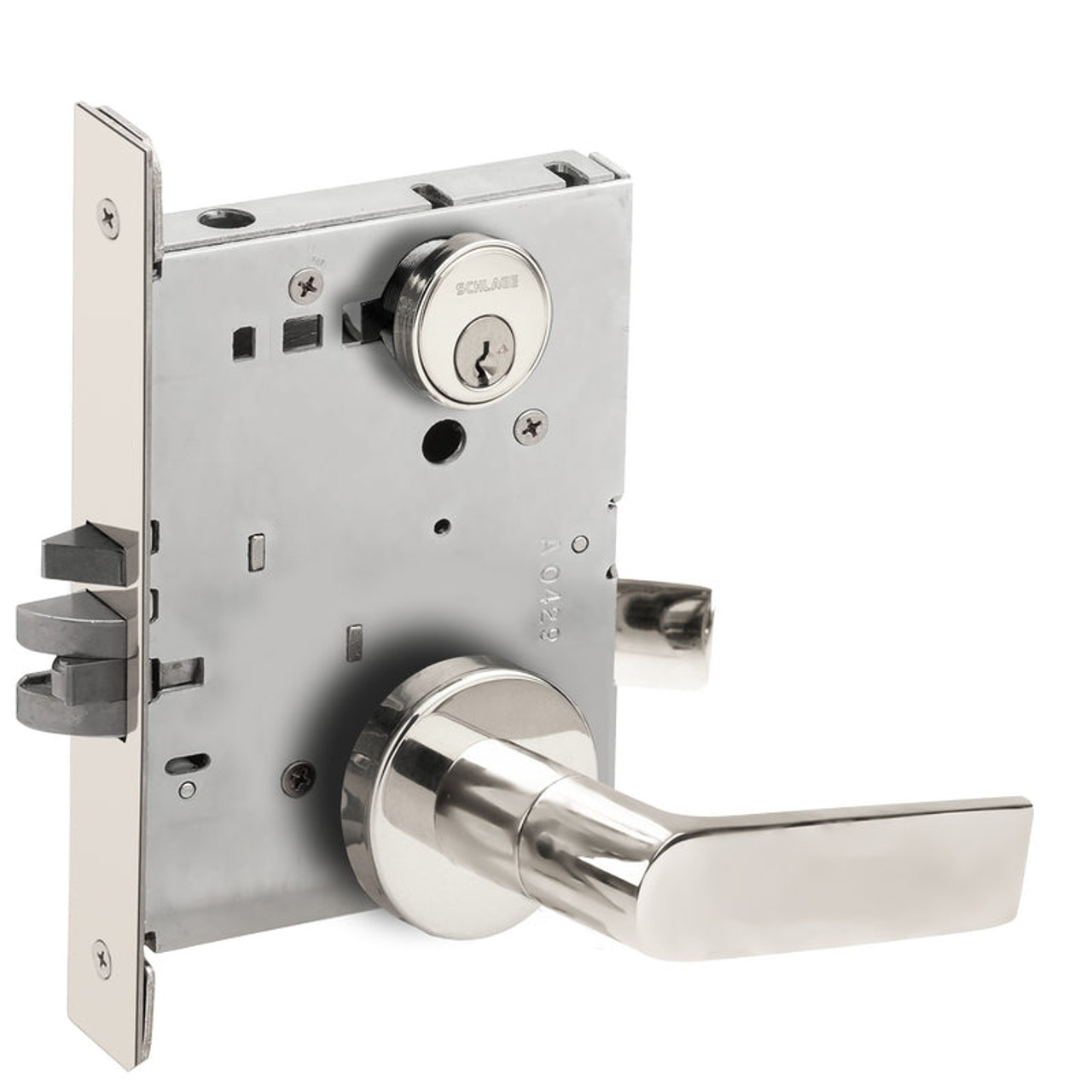 L9076P-01A-629 Schlage L Series Classroom Holdback Mortise Lock with 01 Cast Lever Design in Bright Stainless Steel