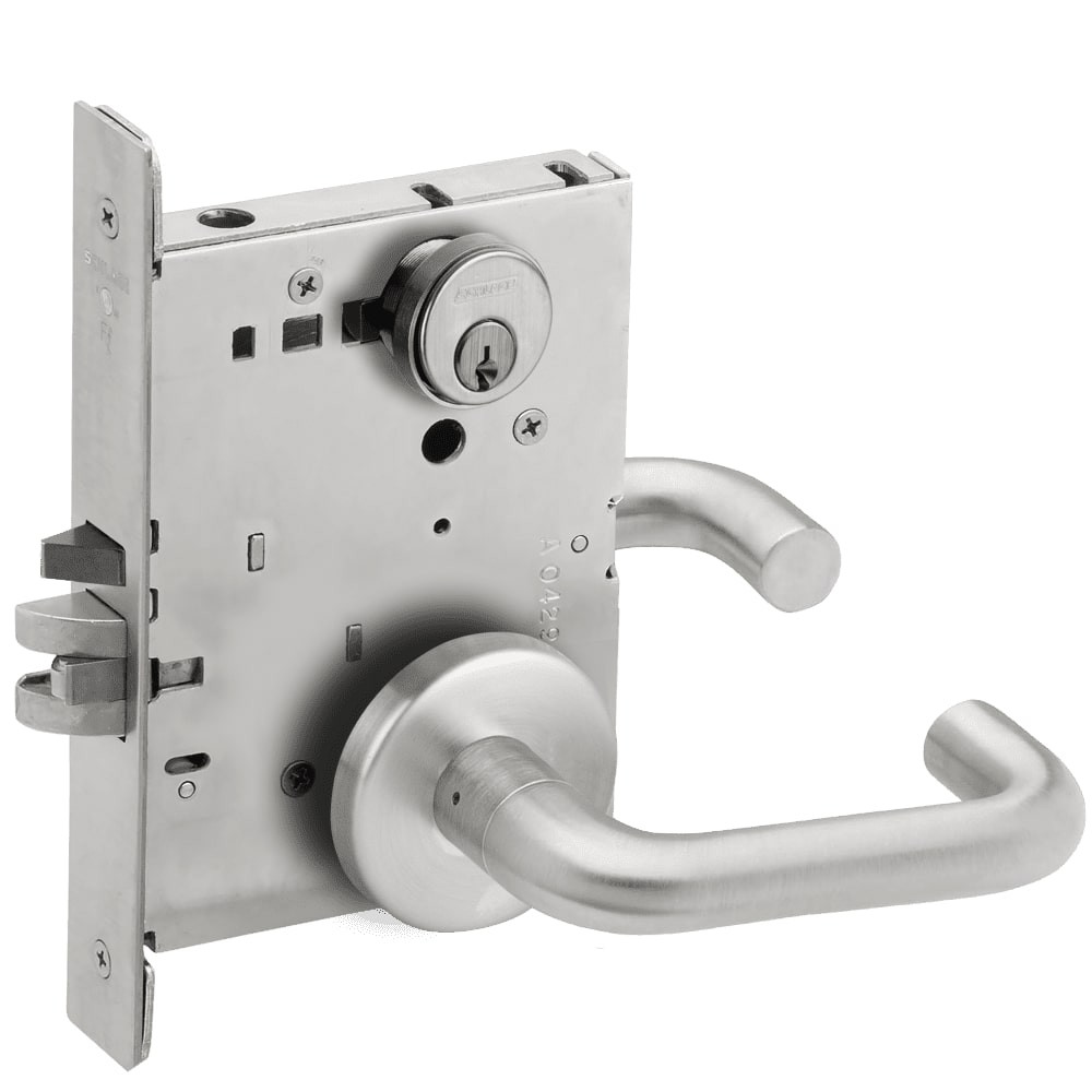 L9076P-03B-626 Schlage L Series Classroom Holdback Mortise Lock with 03 Cast Lever Design in Satin Chrome