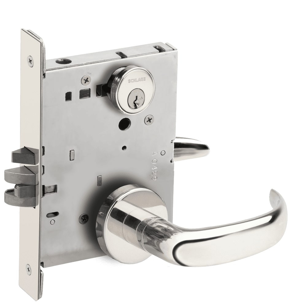 L9076P-17A-625 Schlage L Series Classroom Holdback Mortise Lock with 17 Cast Lever Design in Bright Chrome
