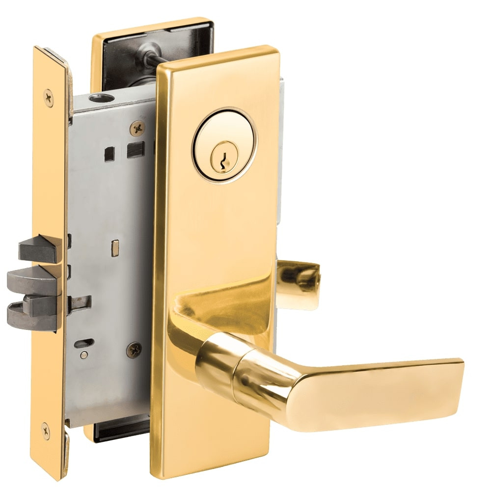 L9076P-01N-605 Schlage L Series Classroom Holdback Mortise Lock with 01 Cast Lever Design in Bright Brass