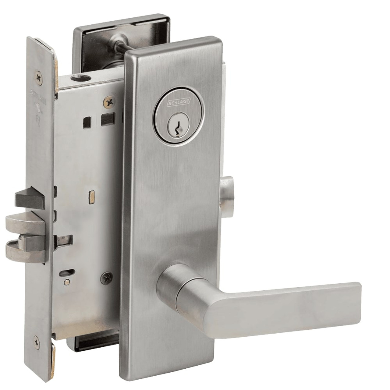 L9076P-01N-630 Schlage L Series Classroom Holdback Mortise Lock with 01 Cast Lever Design in Satin Stainless Steel