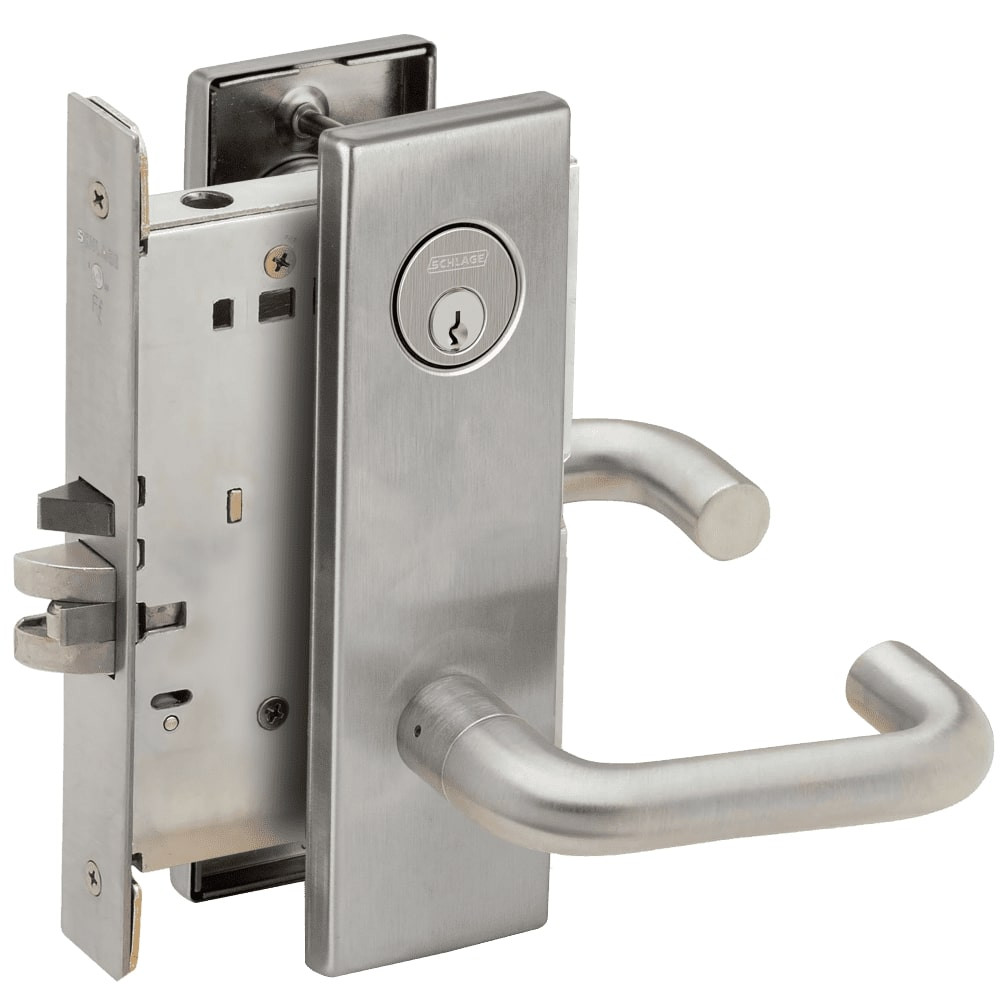 L9076P-03N-630 Schlage L Series Classroom Holdback Mortise Lock with 03 Cast Lever Design in Satin Stainless Steel