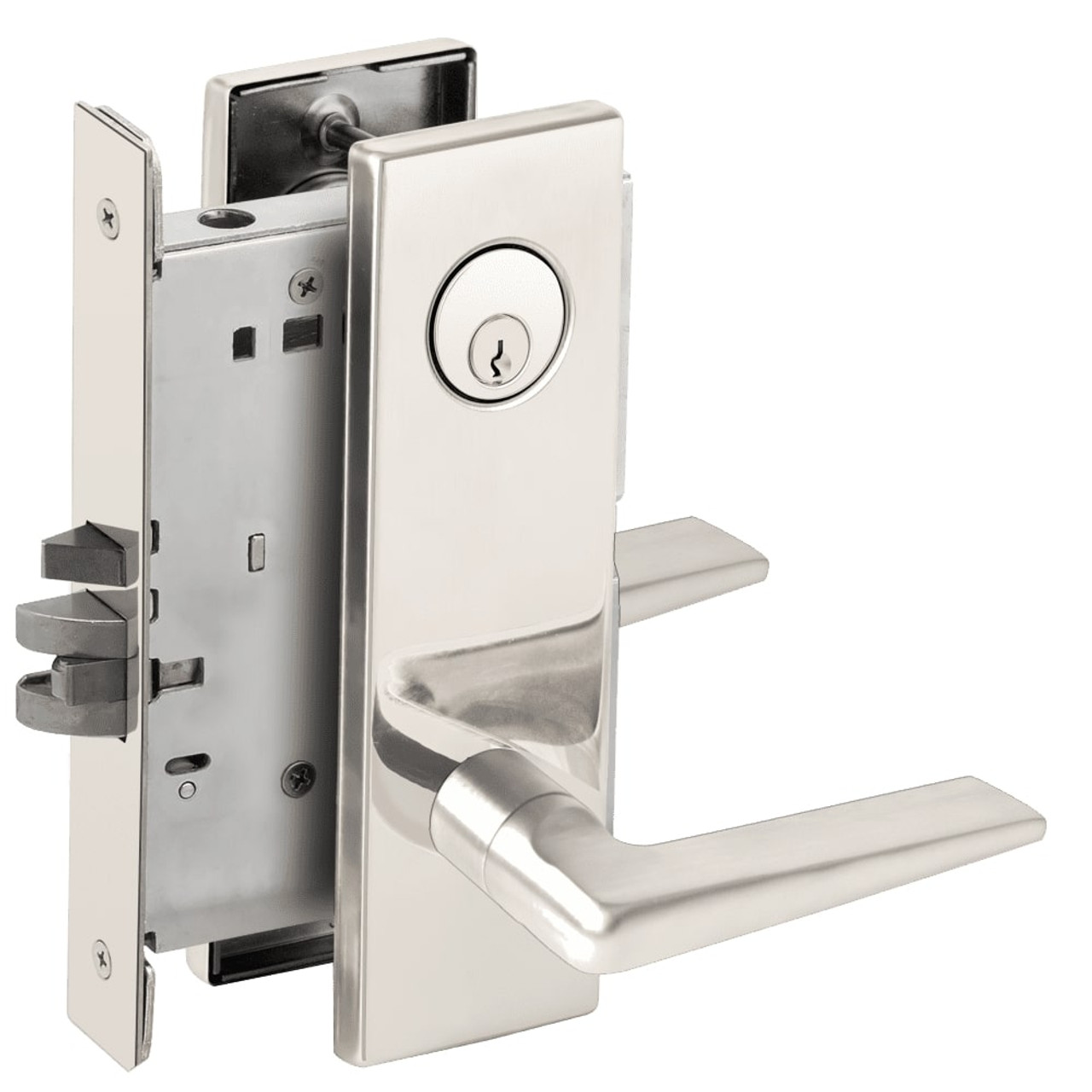 L9076P-05N-625 Schlage L Series Classroom Holdback Mortise Lock with 05 Cast Lever Design in Bright Chrome