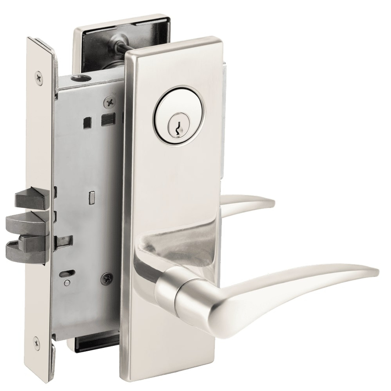 L9076P-12N-629-LH Schlage L Series Classroom Holdback Mortise Lock with 12 Cast Lever Design in Bright Stainless Steel