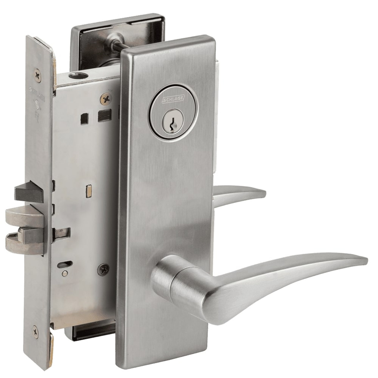 L9076P-12N-630-LH Schlage L Series Classroom Holdback Mortise Lock with 12 Cast Lever Design in Satin Stainless Steel