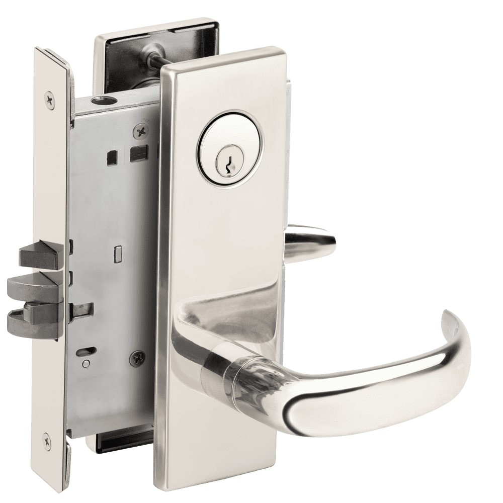 L9076P-17N-629 Schlage L Series Classroom Holdback Mortise Lock with 17 Cast Lever Design in Bright Stainless Steel