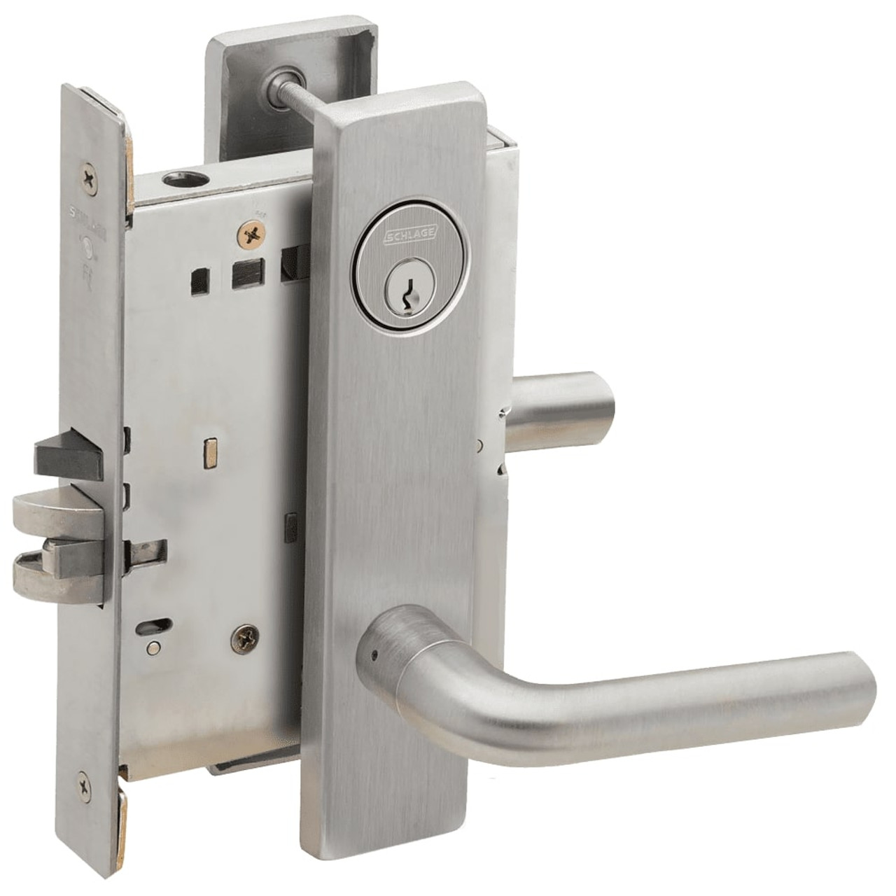 L9076P-02L-626 Schlage L Series Classroom Holdback Mortise Lock with 02 Cast Lever Design in Satin Chrome