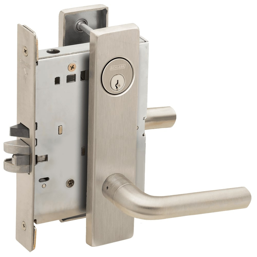 L9076P-02L-619 Schlage L Series Classroom Holdback Mortise Lock with 02 Cast Lever Design in Satin Nickel