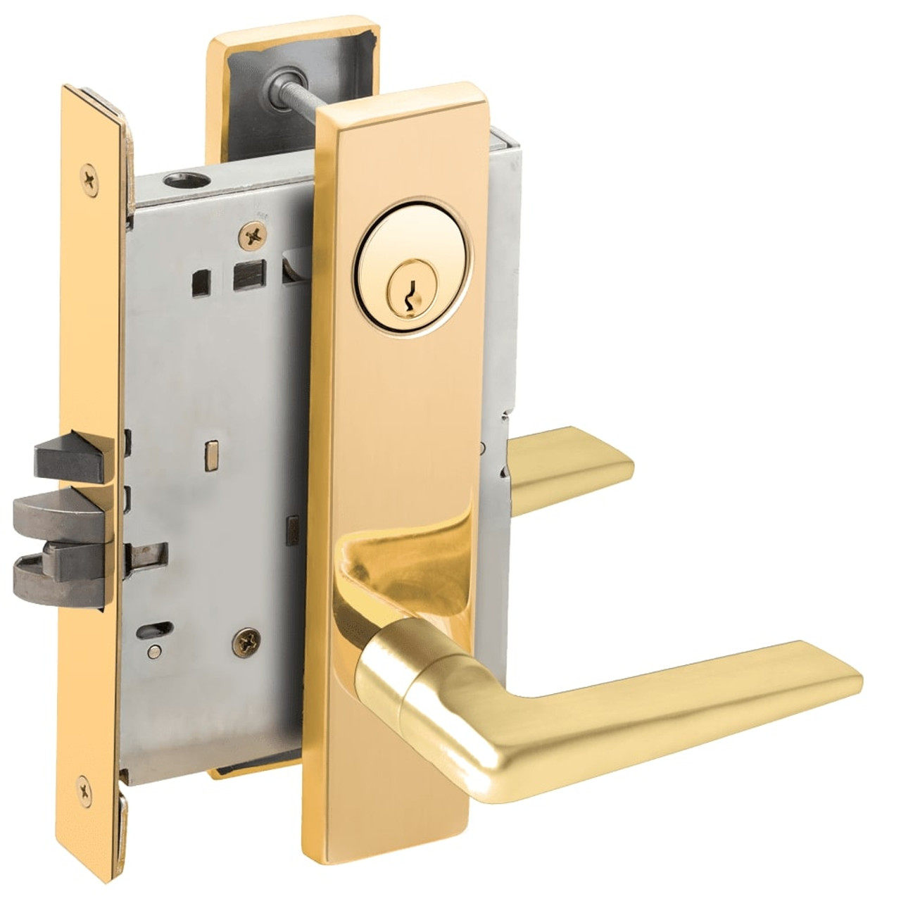 L9076P-05L-605 Schlage L Series Classroom Holdback Mortise Lock with 05 Cast Lever Design in Bright Brass