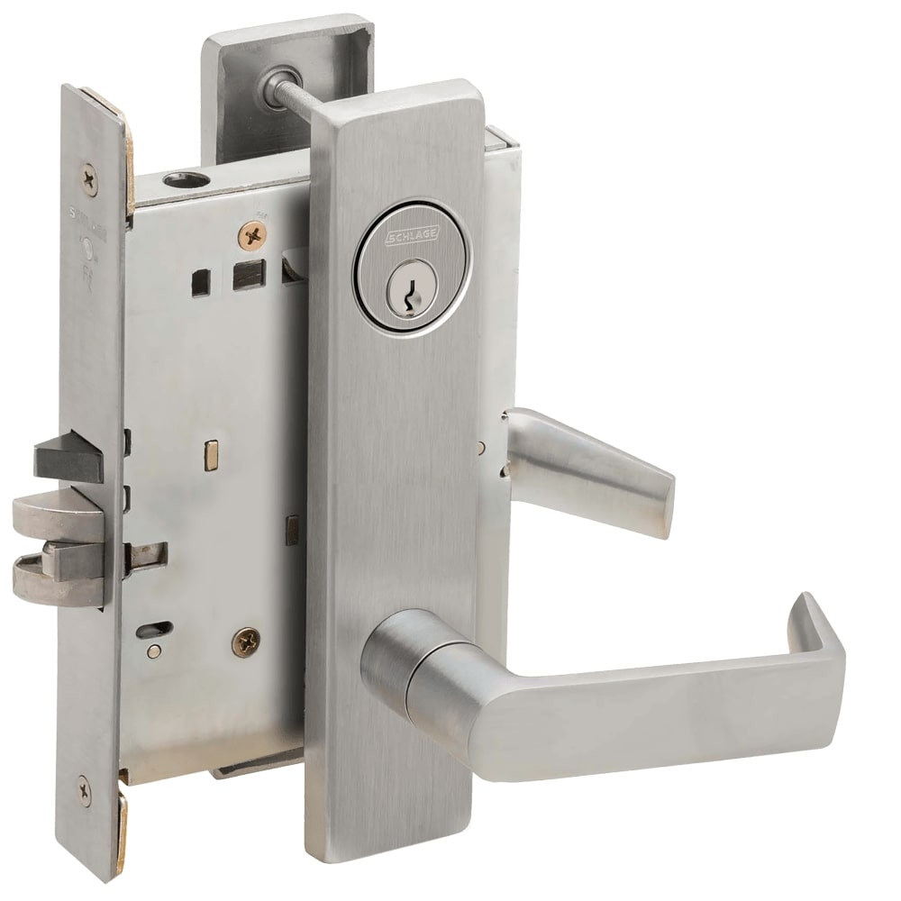 L9076P-06L-626 Schlage L Series Classroom Holdback Mortise Lock with 06 Cast Lever Design in Satin Chrome