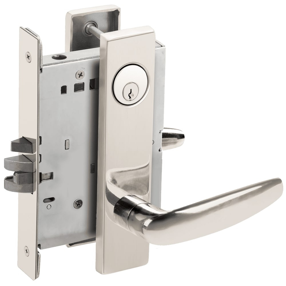 L9076P-07L-629 Schlage L Series Classroom Holdback Mortise Lock with 07 Cast Lever Design in Bright Stainless Steel