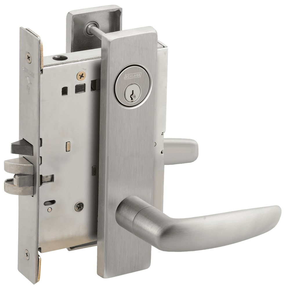 L9076P-07L-630 Schlage L Series Classroom Holdback Mortise Lock with 07 Cast Lever Design in Satin Stainless Steel