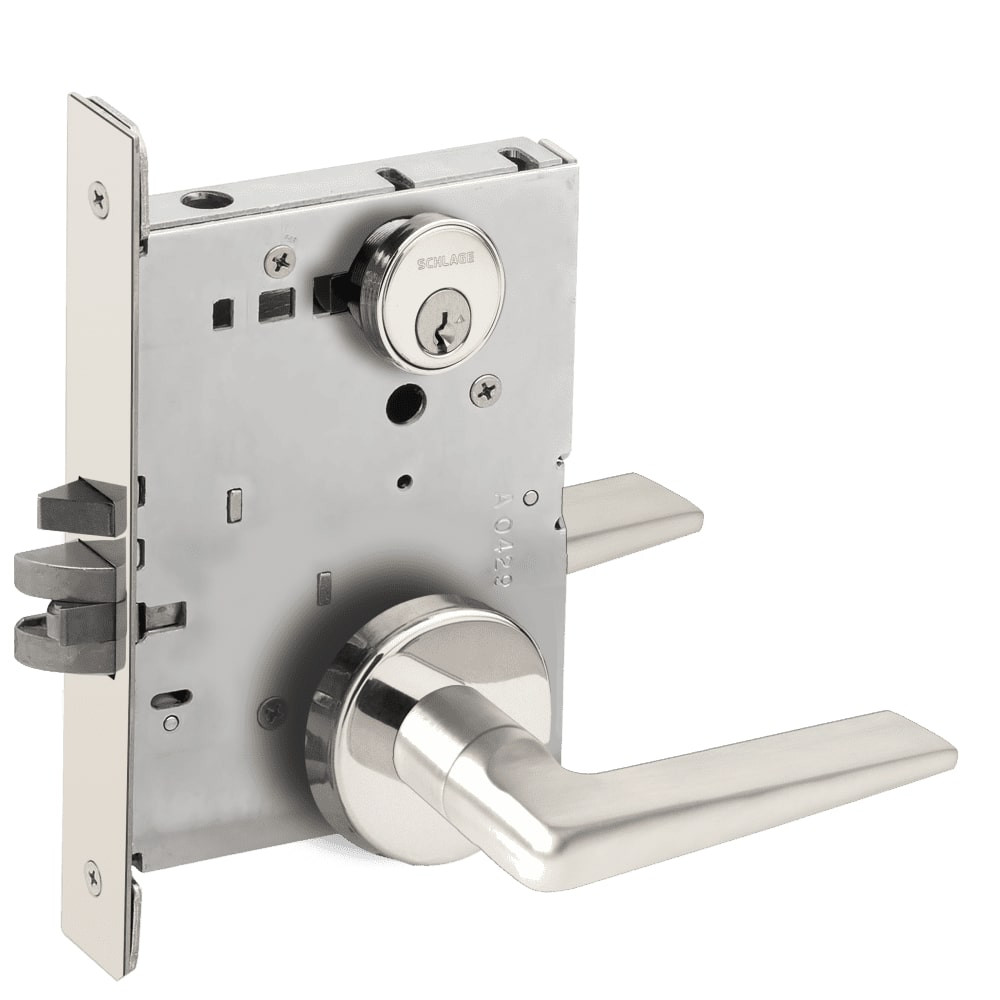 L9076P-05B-629-RX Schlage L Series Classroom Holdback - Request to Exit Mortise Lock with 05 Cast Lever Design in Bright Stainless Steel