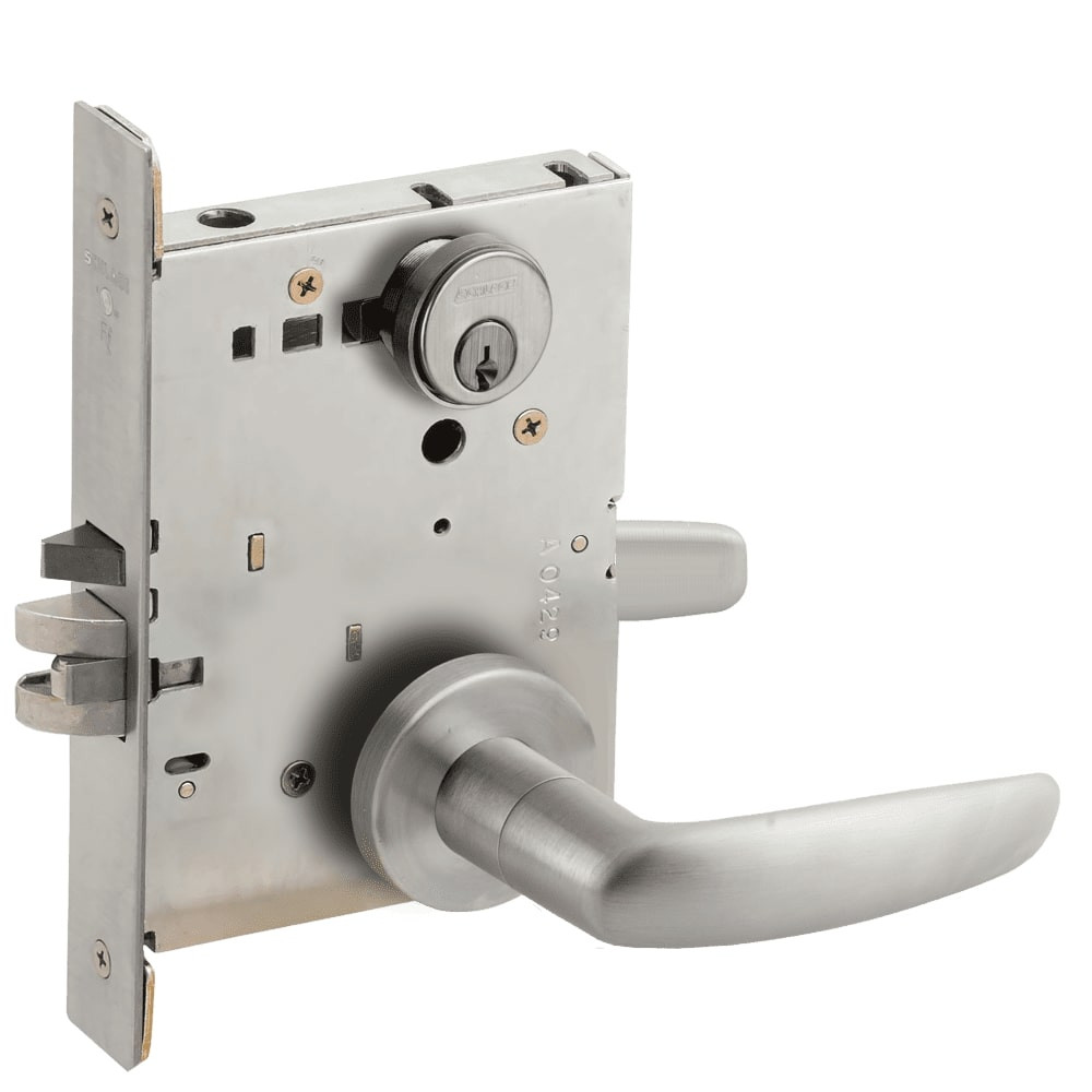 L9076P-07A-630-RX Schlage L Series Classroom Holdback - Request to Exit Mortise Lock with 07 Cast Lever Design in Satin Stainless Steel