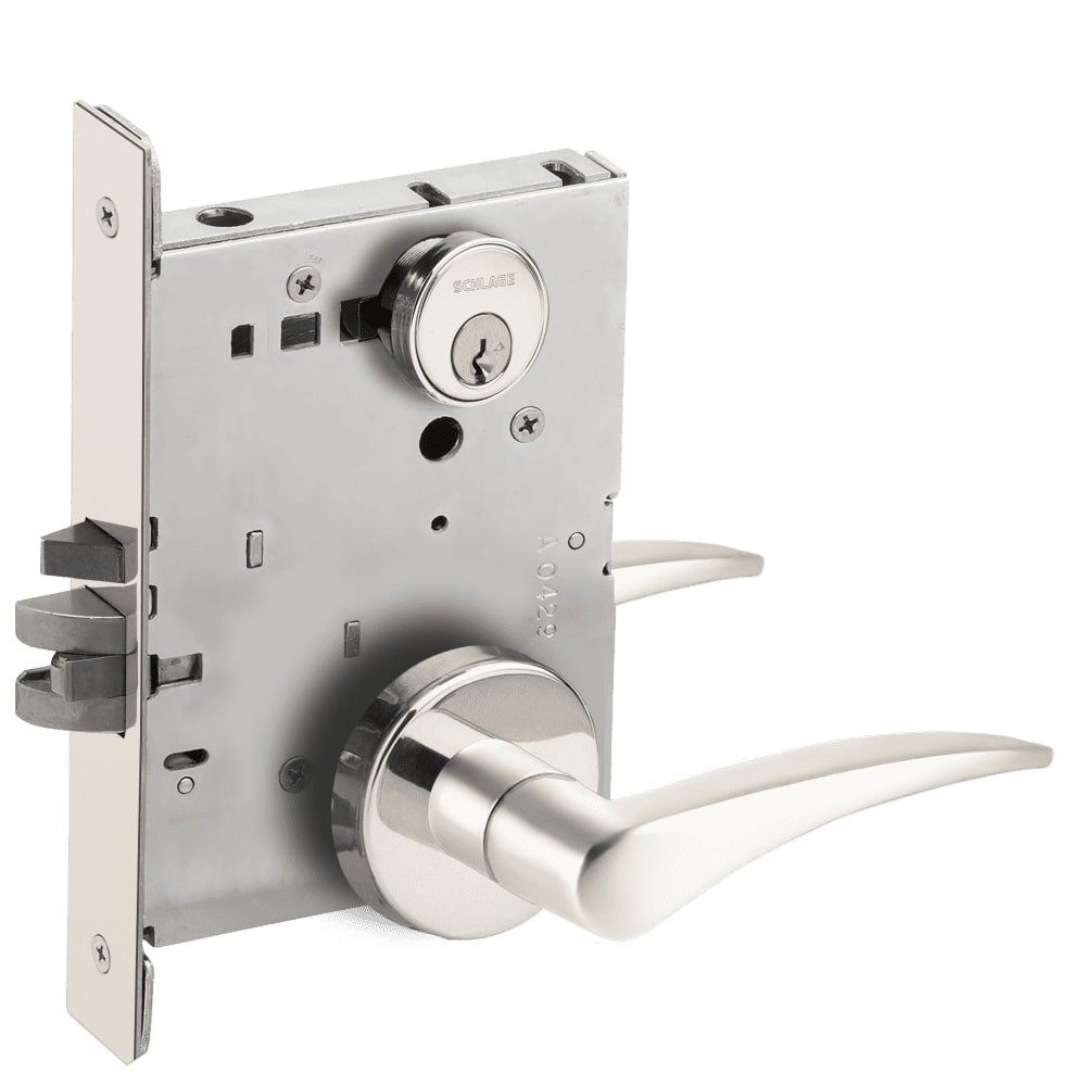 L9076P-12B-629-RH-RX Schlage L Series Classroom Holdback - Request to Exit Mortise Lock with 12 Cast Lever Design in Bright Stainless Steel