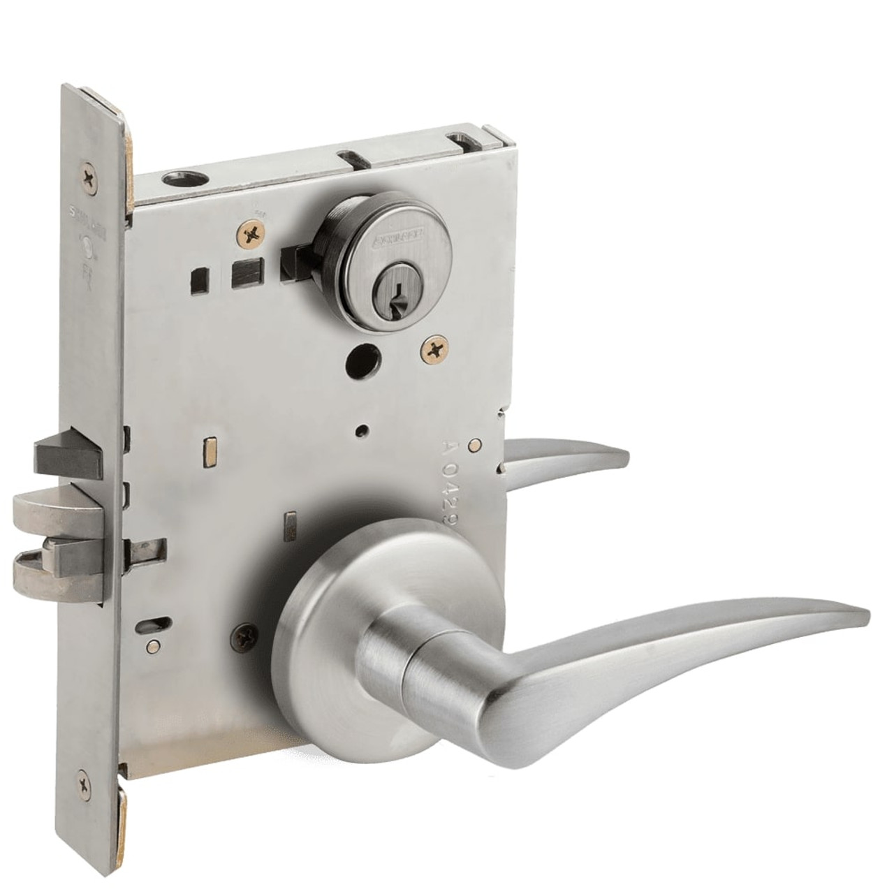 L9076P-12B-630-RH-RX Schlage L Series Classroom Holdback - Request to Exit Mortise Lock with 12 Cast Lever Design in Satin Stainless Steel