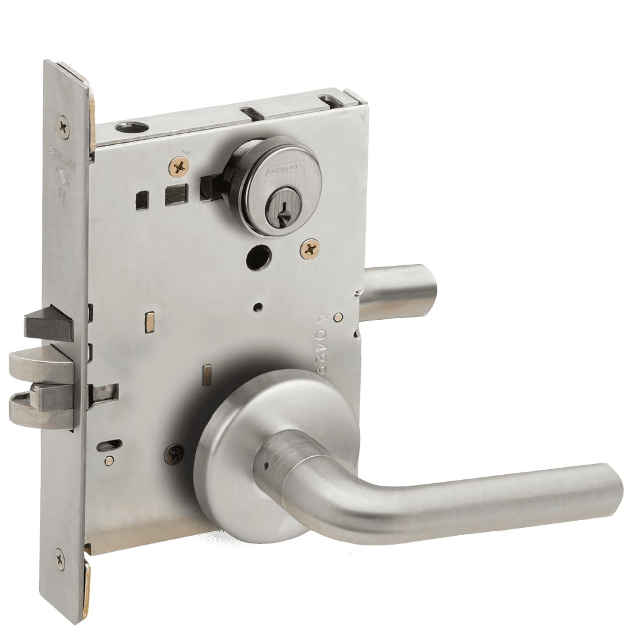 L9076P-02B-630-LX Schlage L Series Classroom Holdback - Latchbolt Monitor Mortise Lock with 02 Cast Lever Design in Satin Stainless Steel