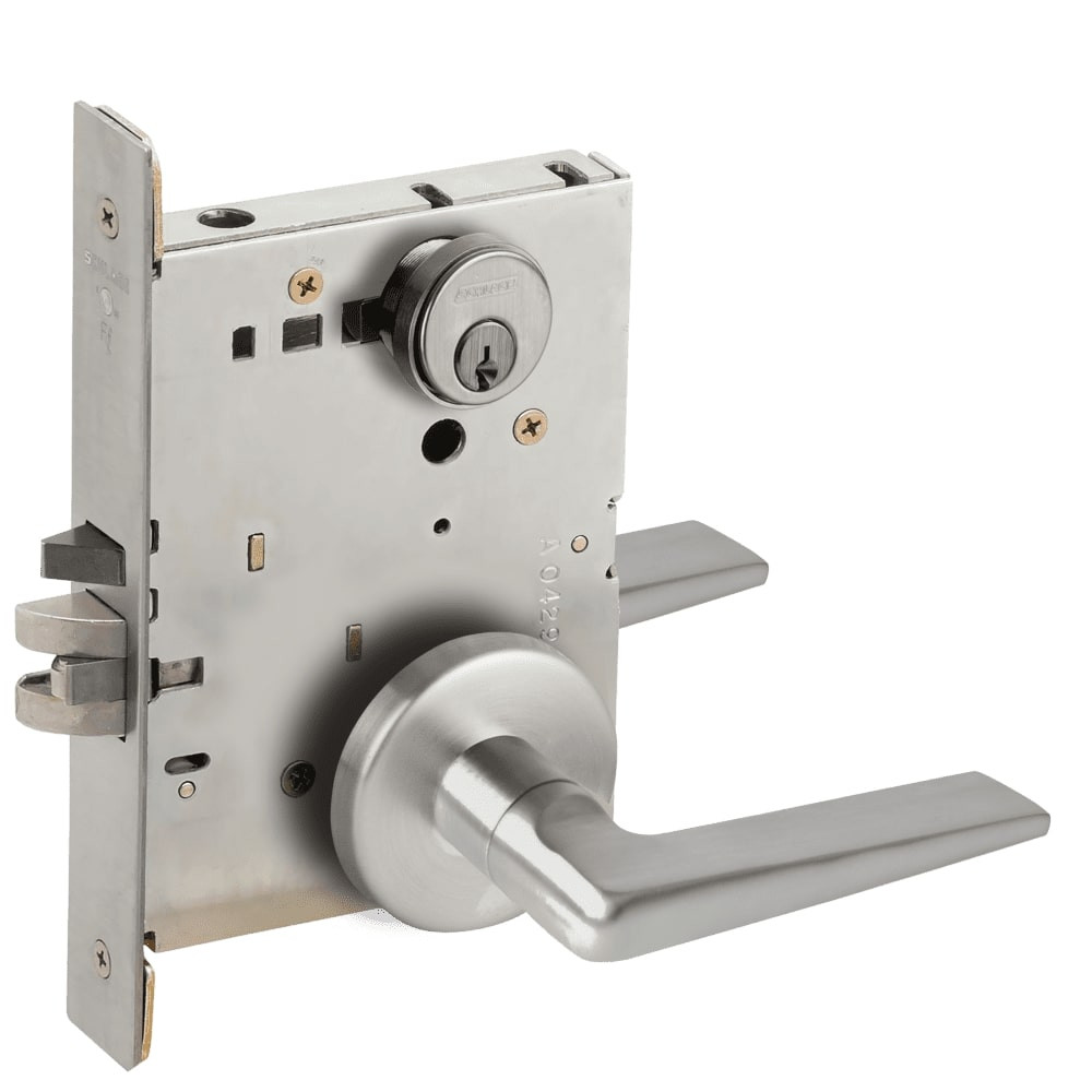 L9076P-05B-630-LX Schlage L Series Classroom Holdback - Latchbolt Monitor Mortise Lock with 05 Cast Lever Design in Satin Stainless Steel