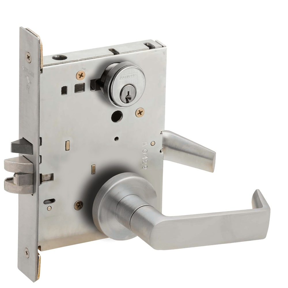 L9076P-06A-630-LX Schlage L Series Classroom Holdback - Latchbolt Monitor Mortise Lock with 06 Cast Lever Design in Satin Stainless Steel