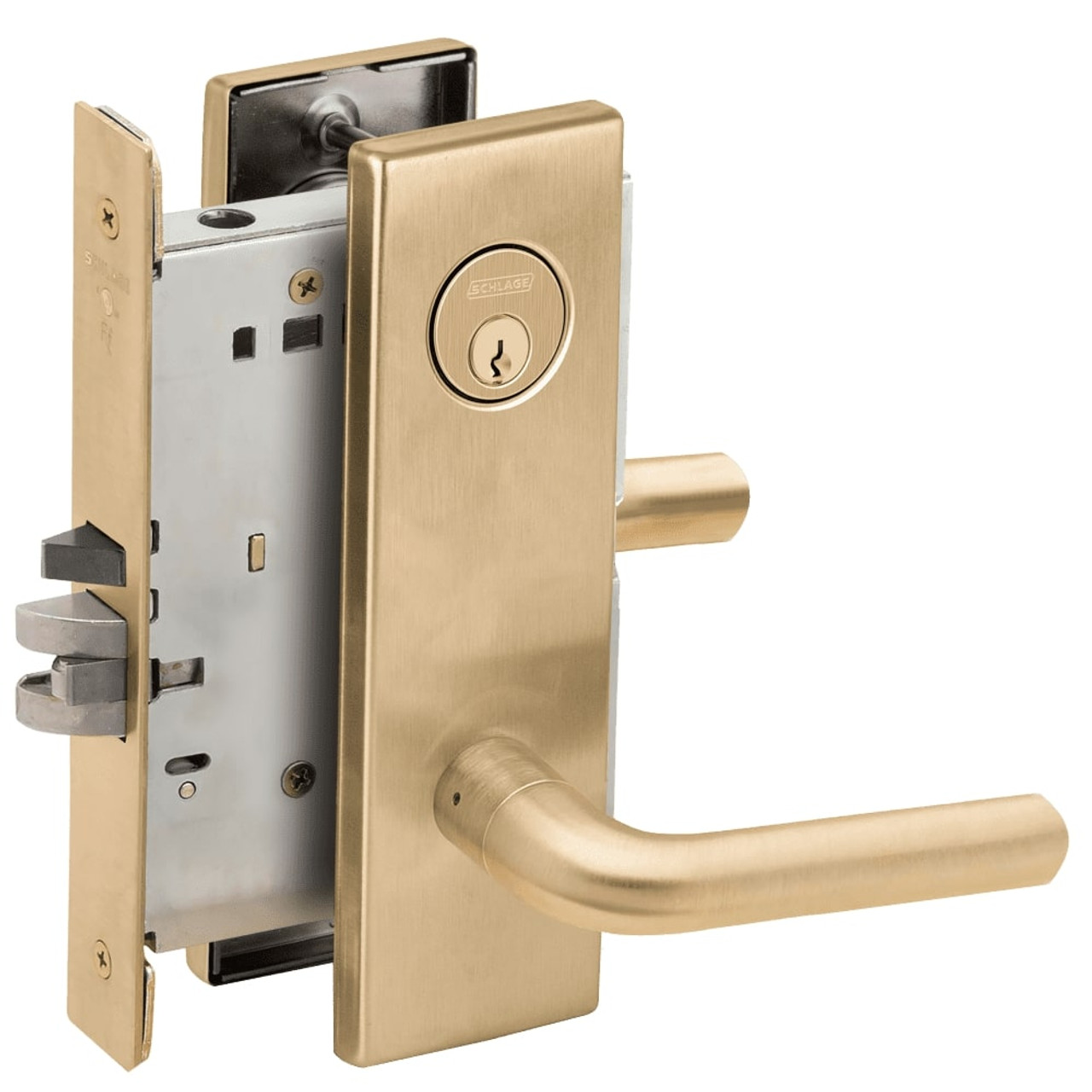 L9076P-02N-606 Schlage L Series Classroom Holdback - Request to Exit Mortise Lock with 02 Cast Lever Design in Satin Brass