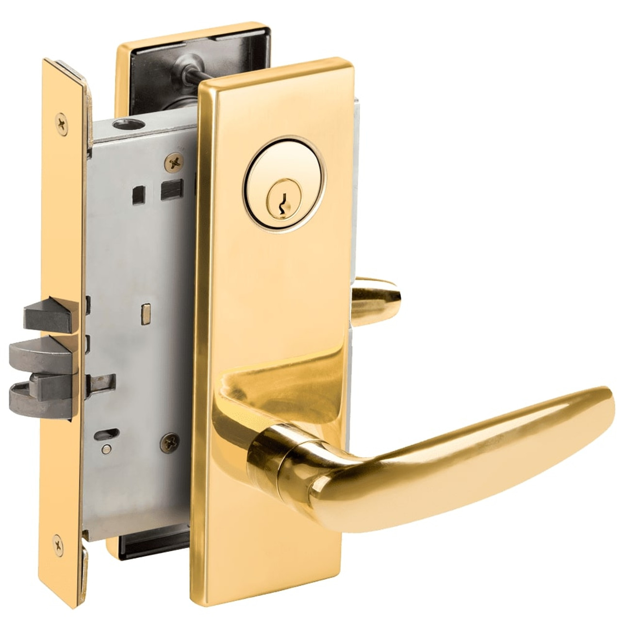 L9076P-07N-605 Schlage L Series Classroom Holdback - Request to Exit Mortise Lock with 07 Cast Lever Design in Bright Brass