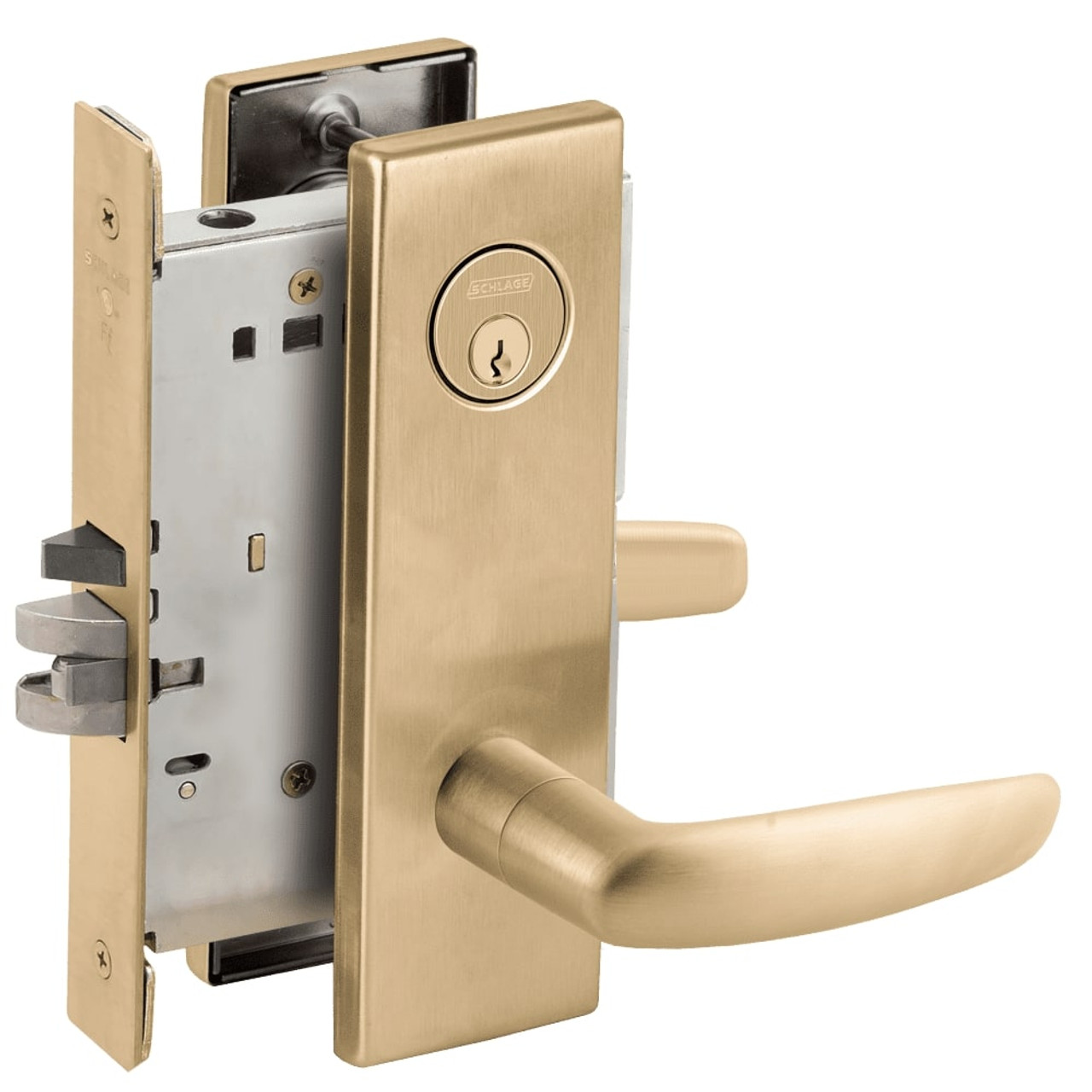 L9076P-07N-606 Schlage L Series Classroom Holdback - Request to Exit Mortise Lock with 07 Cast Lever Design in Satin Brass
