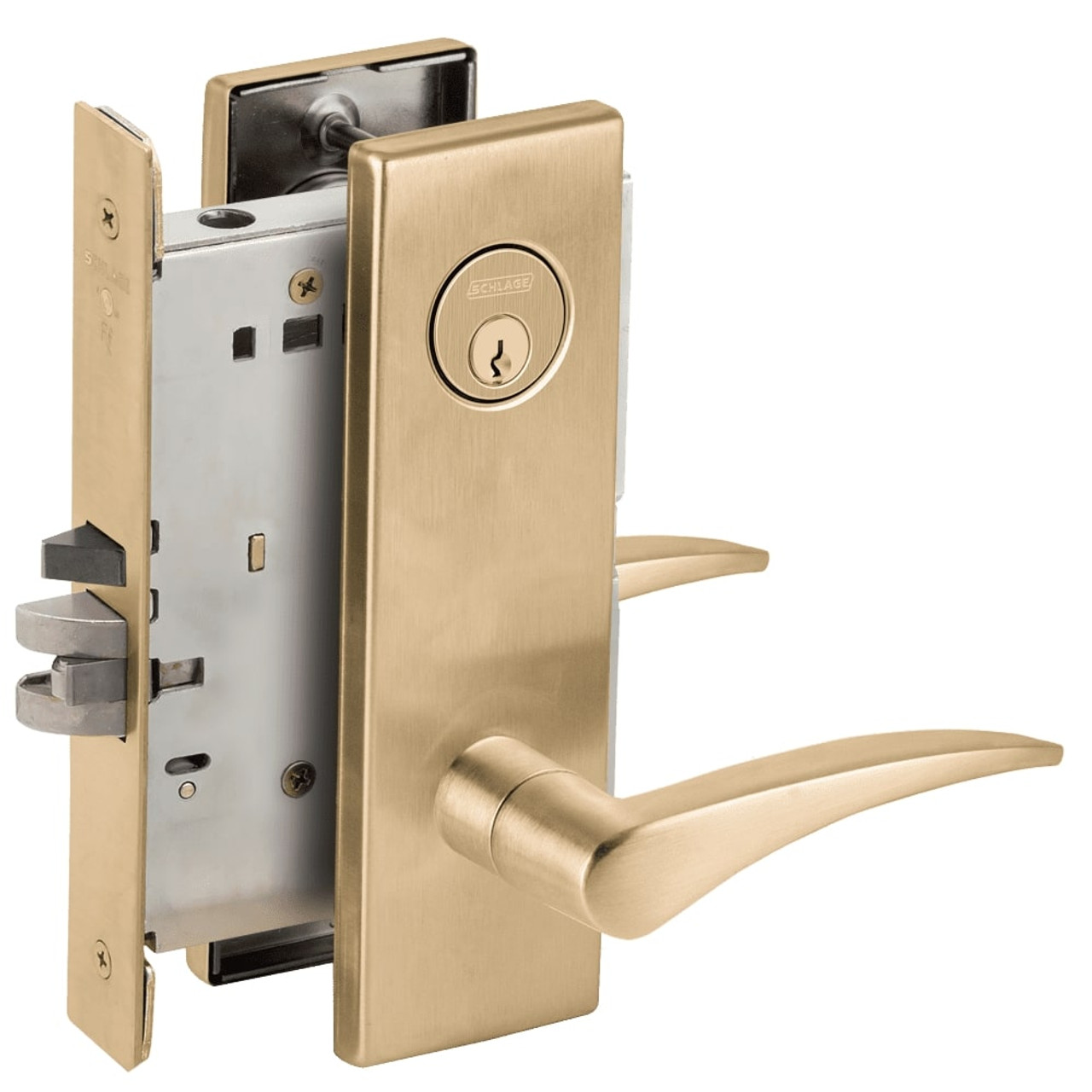 L9076P-12N-606-RH Schlage L Series Classroom Holdback - Request to Exit Mortise Lock with 12 Cast Lever Design in Satin Brass