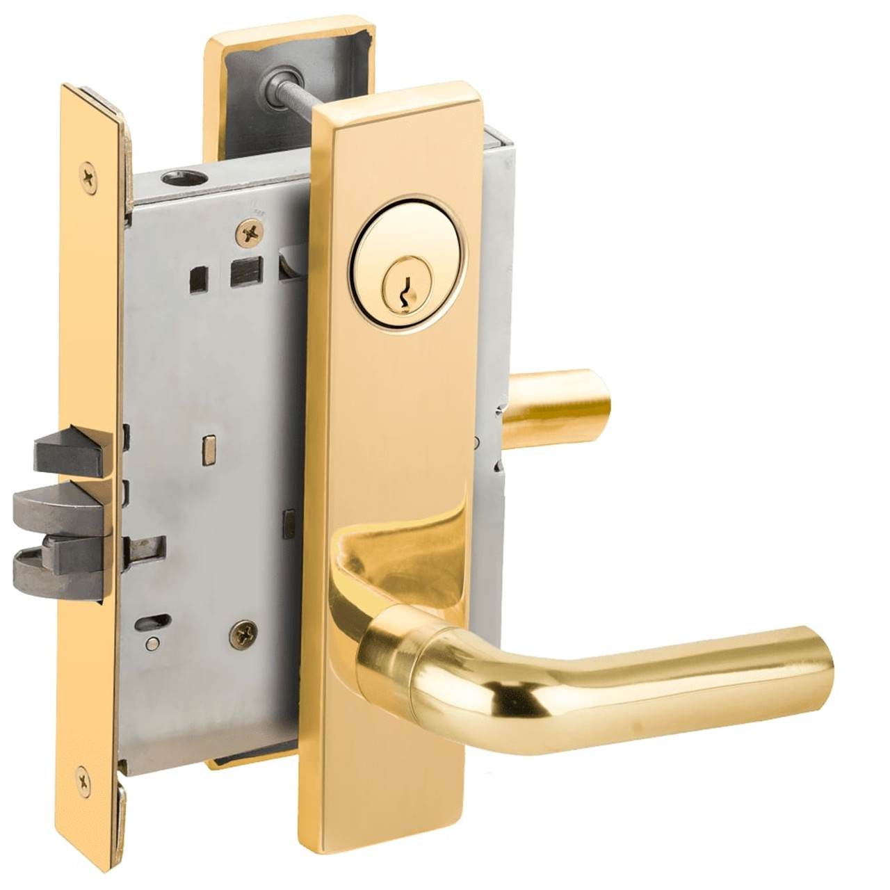 L9076P-02L-605 Schlage L Series Classroom Holdback - Request to Exit Mortise Lock with 02 Cast Lever Design in Bright Brass