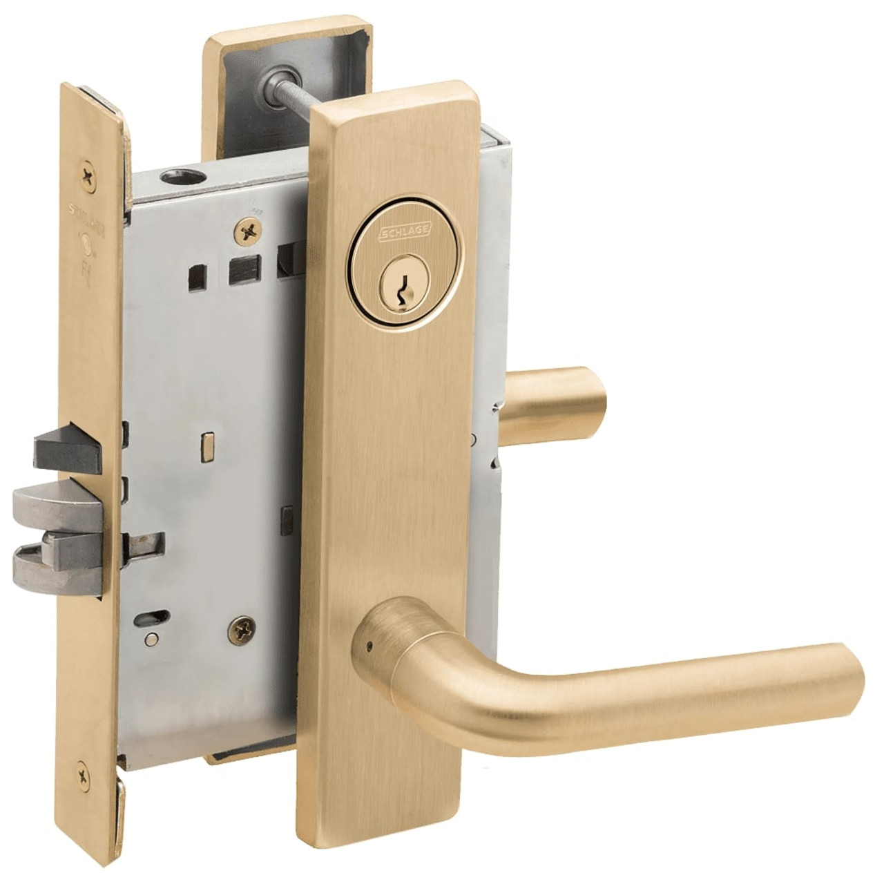 L9076P-02L-606 Schlage L Series Classroom Holdback - Request to Exit Mortise Lock with 02 Cast Lever Design in Satin Brass