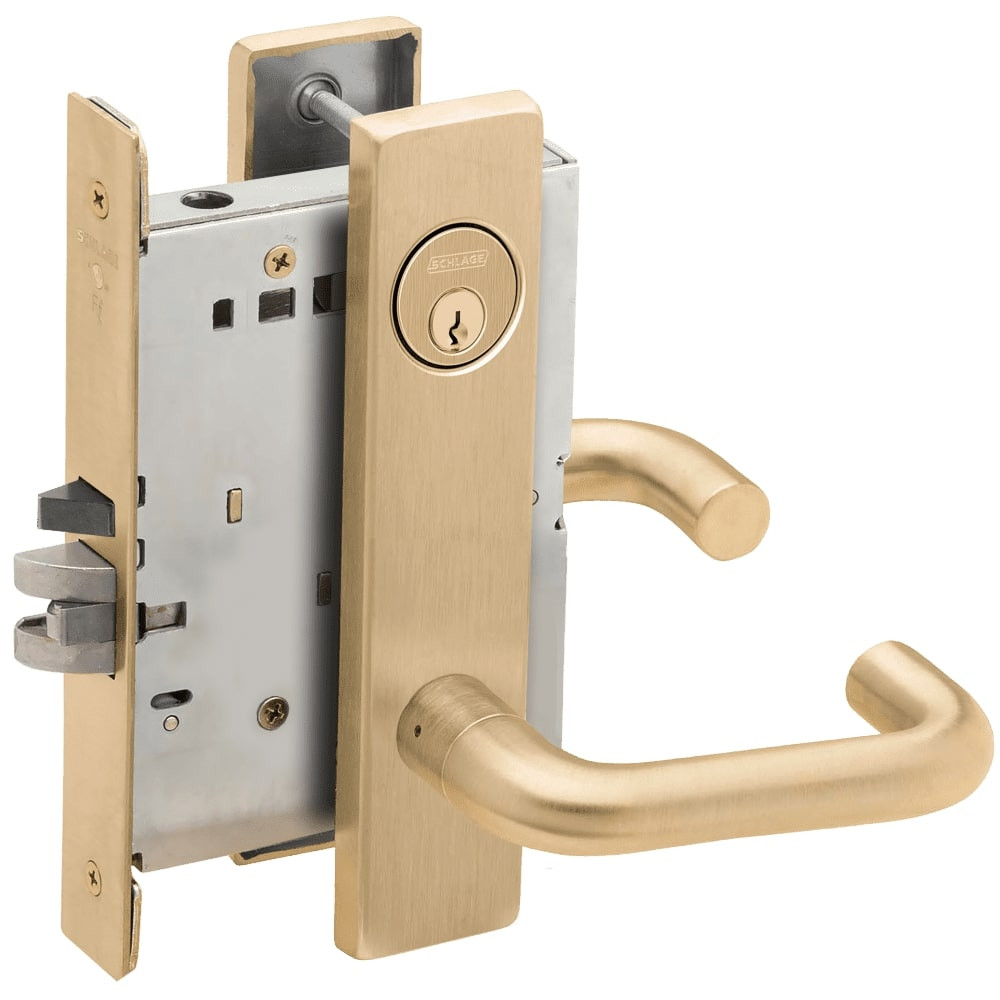 L9076P-03L-606 Schlage L Series Classroom Holdback - Request to Exit Mortise Lock with 03 Cast Lever Design in Satin Brass