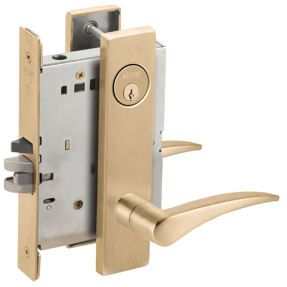 L9076P-12L-606-RH Schlage L Series Classroom Holdback - Request to Exit Mortise Lock with 12 Cast Lever Design in Satin Brass