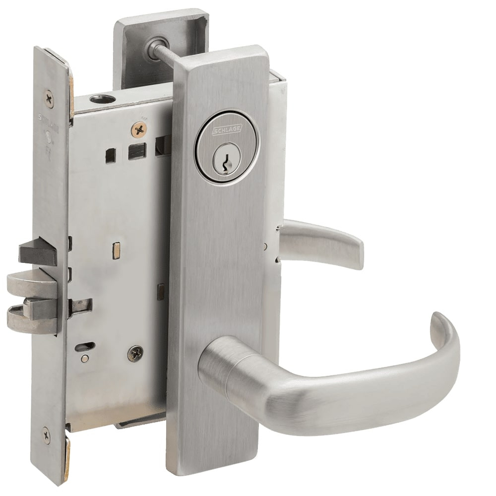 L9076P-17L-630 Schlage L Series Classroom Holdback - Request to Exit Mortise Lock with 17 Cast Lever Design in Satin Stainless Steel
