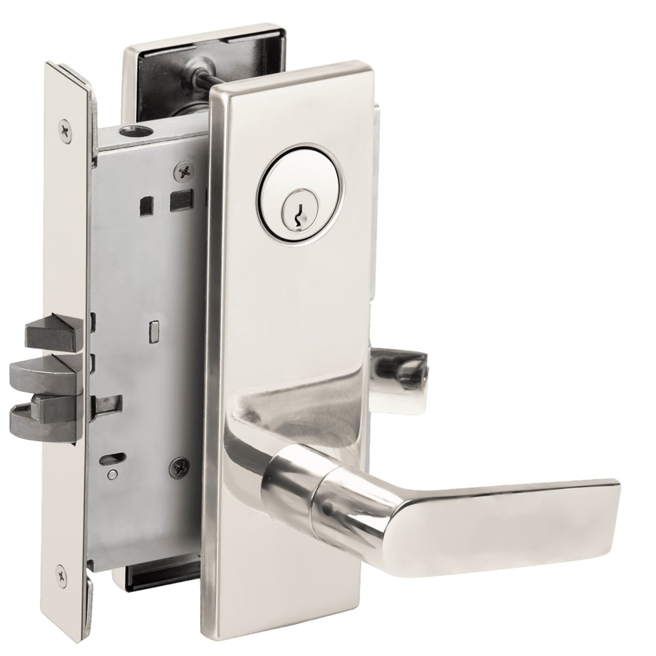 L9076P-01N-629 Schlage L Series Classroom Holdback - Latchbolt Monitor Mortise Lock with 01 Cast Lever Design in Bright Stainless Steel