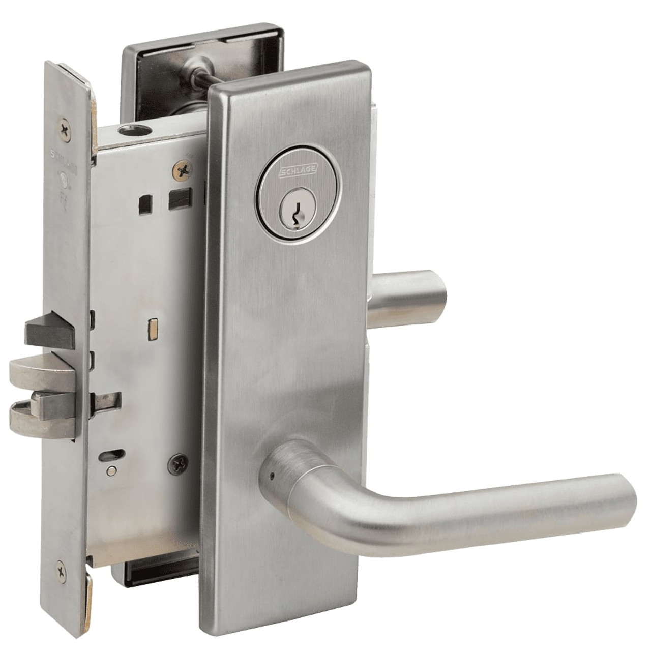 L9076P-02N-630 Schlage L Series Classroom Holdback - Latchbolt Monitor Mortise Lock with 02 Cast Lever Design in Satin Stainless Steel