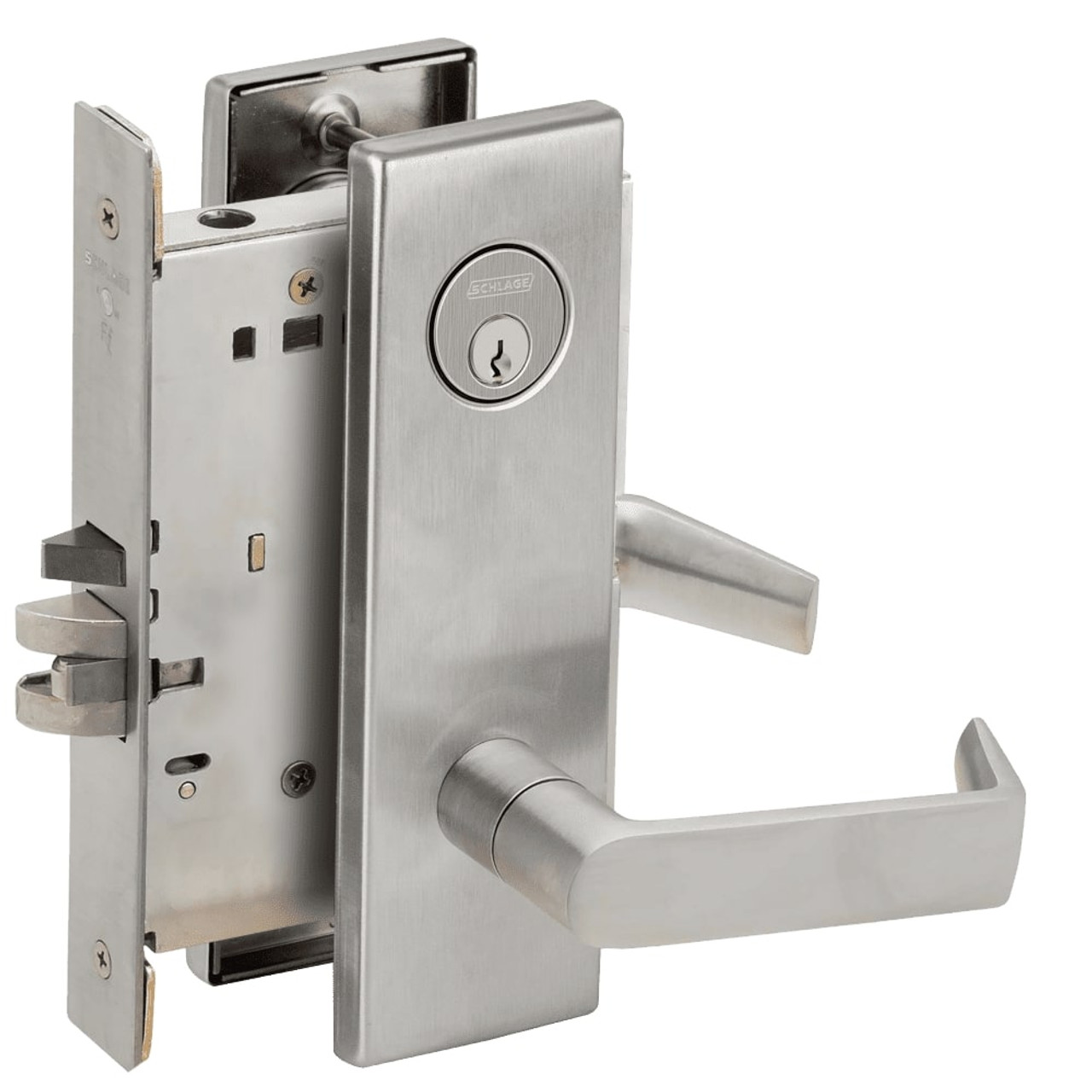 L9076P-06N-630 Schlage L Series Classroom Holdback - Latchbolt Monitor Mortise Lock with 06 Cast Lever Design in Satin Stainless Steel