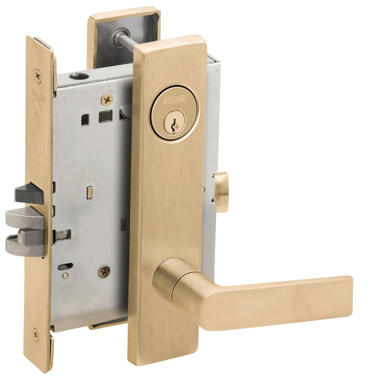 L9076P-01L-606 Schlage L Series Classroom Holdback - Latchbolt Monitor Mortise Lock with 01 Cast Lever Design in Satin Brass