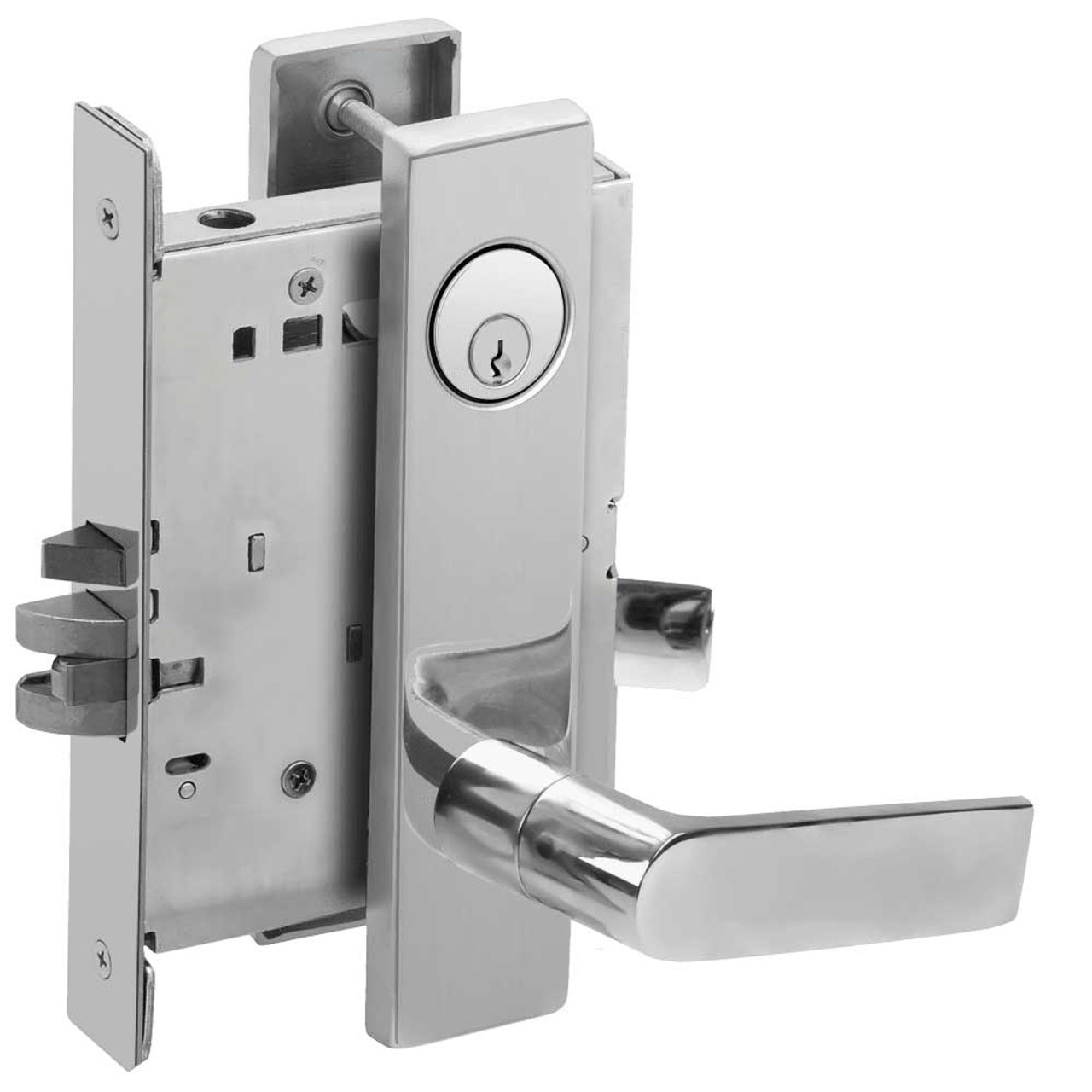 L9076P-01L-629 Schlage L Series Classroom Holdback - Latchbolt Monitor Mortise Lock with 01 Cast Lever Design in Bright Stainless Steel
