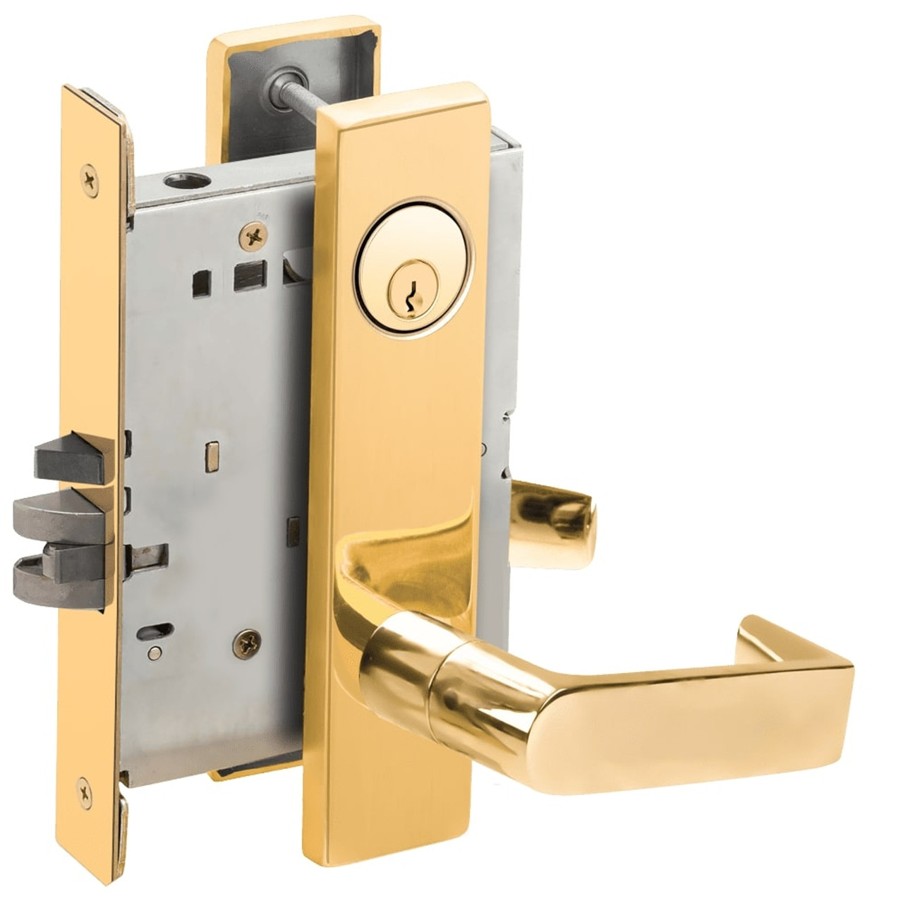 L9076P-06L-605 Schlage L Series Classroom Holdback - Latchbolt Monitor Mortise Lock with 06 Cast Lever Design in Bright Brass