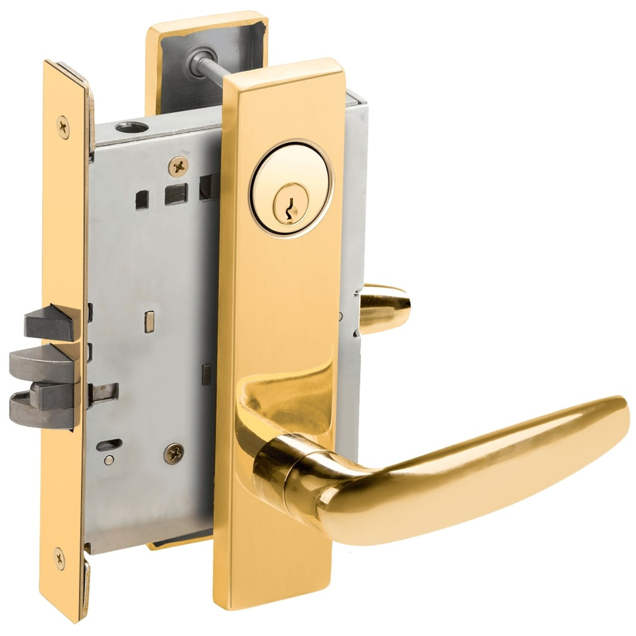 L9076P-07L-605 Schlage L Series Classroom Holdback - Latchbolt Monitor Mortise Lock with 07 Cast Lever Design in Bright Brass