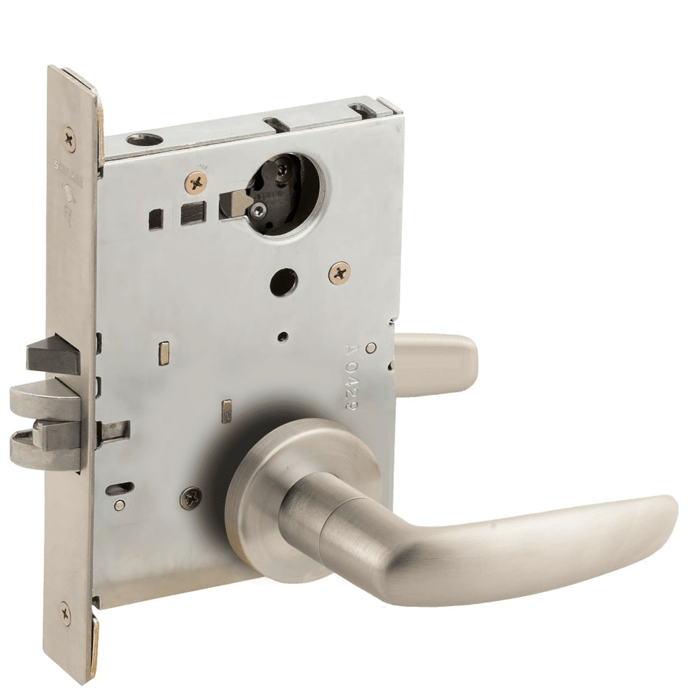L9076L-07A-619-RX Schlage L Series Less Cylinder Classroom Holdback - Request to Exit Mortise Lock with 07 Cast Lever Design in Satin Nickel