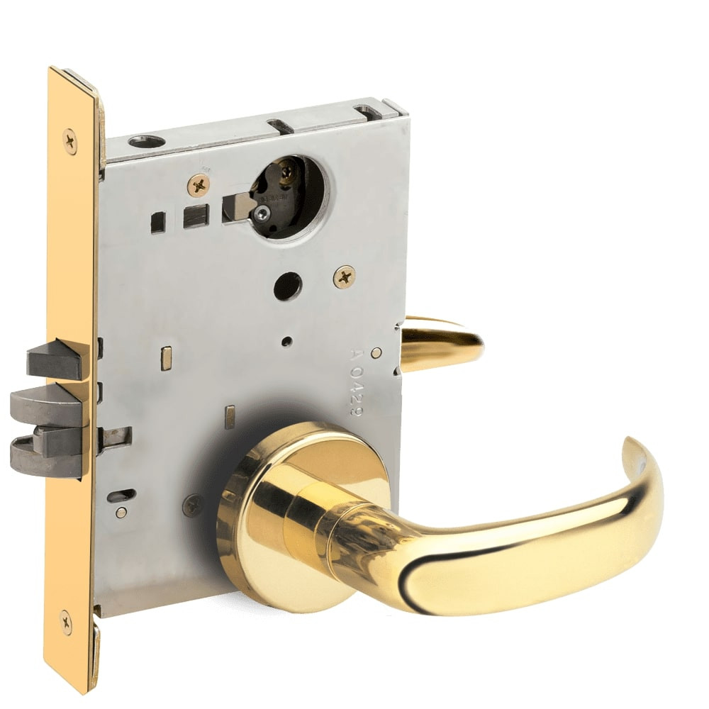 L9076L-17B-605-RX Schlage L Series Less Cylinder Classroom Holdback - Request to Exit Mortise Lock with 17 Cast Lever Design in Bright Brass