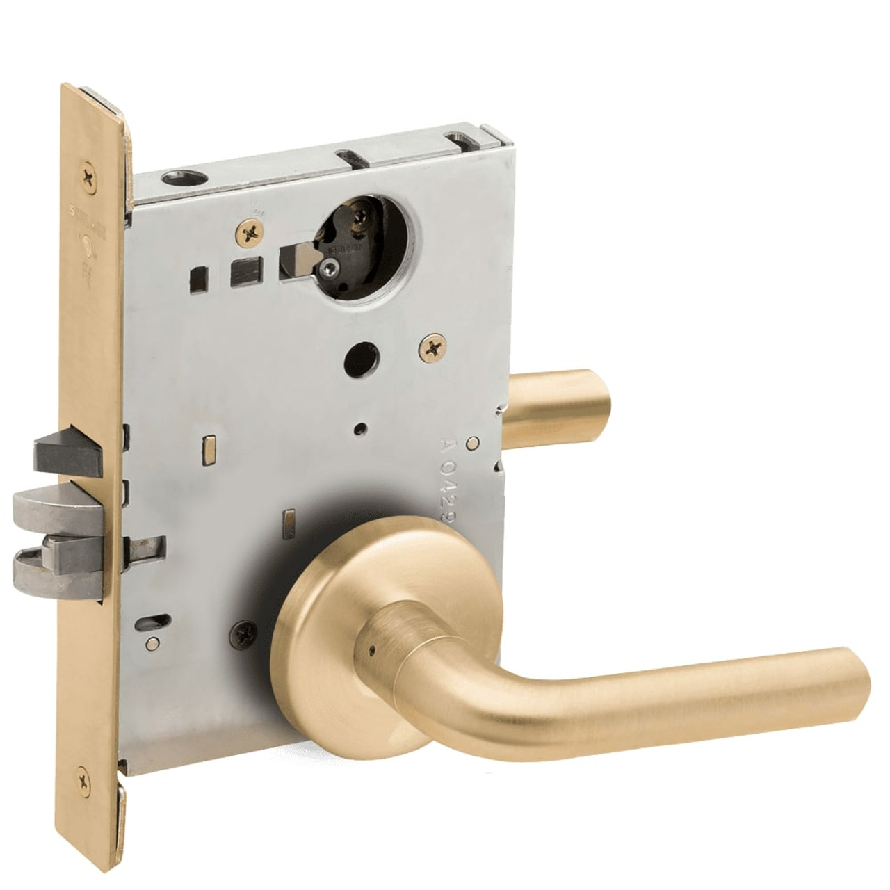 L9076L-02B-606-LX Schlage L Series Less Cylinder Classroom Holdback - Latchbolt Monitor Lock with 02 Cast Lever Design in Satin Brass