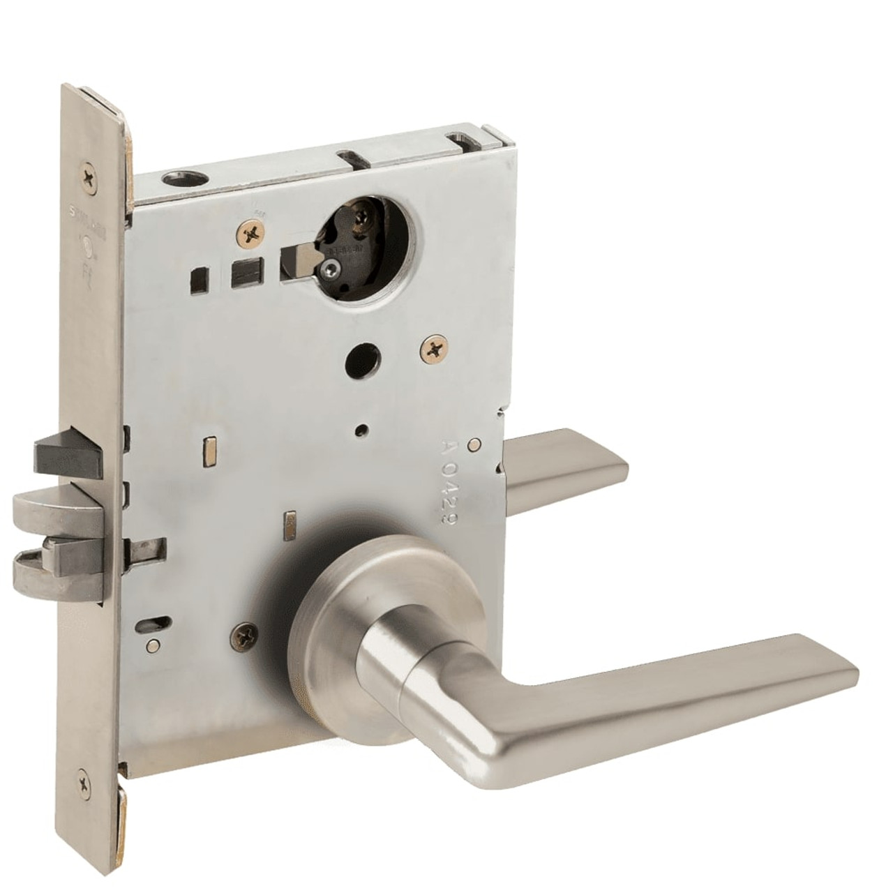 L9076L-05A-619-LX Schlage L Series Less Cylinder Classroom Holdback - Latchbolt Monitor Lock with 05 Cast Lever Design in Satin Nickel