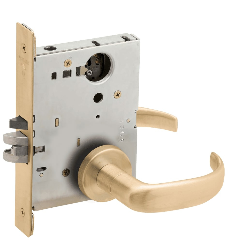 L9076L-17A-606-LX Schlage L Series Less Cylinder Classroom Holdback - Latchbolt Monitor Lock with 17 Cast Lever Design in Satin Brass